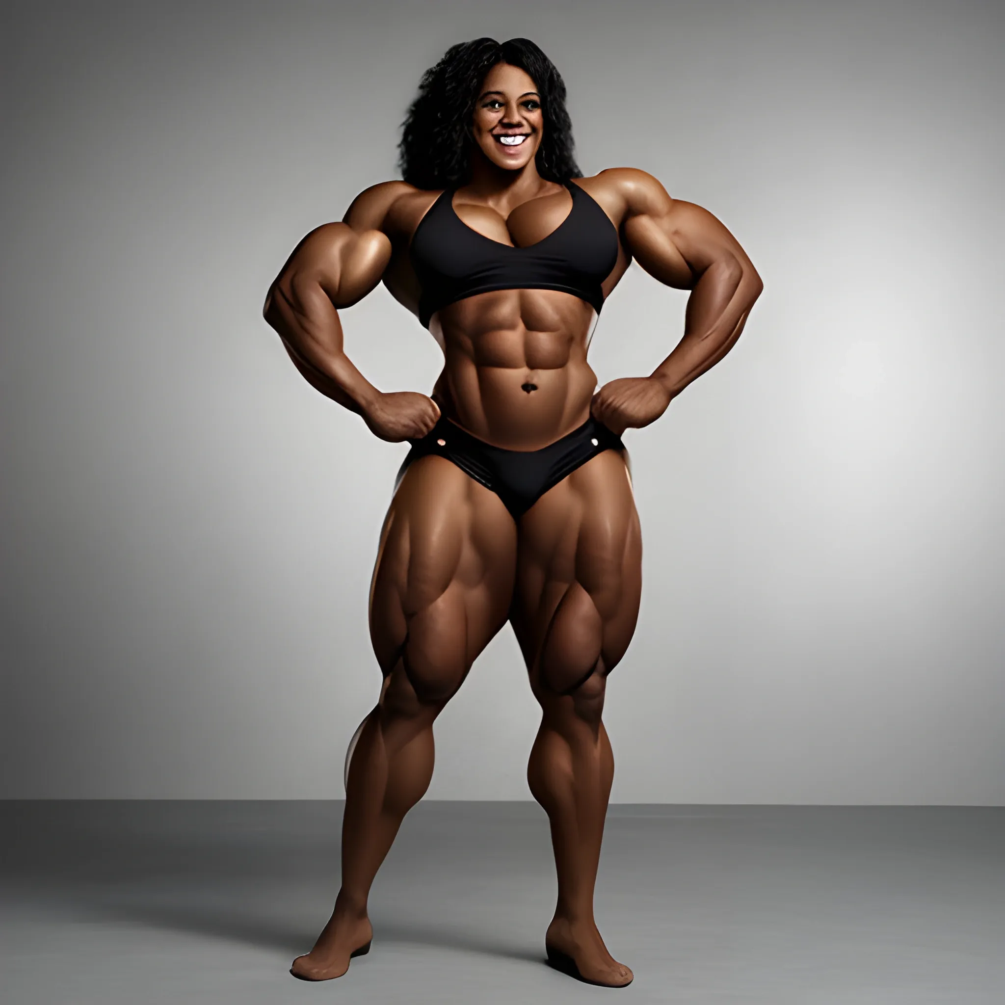 a full-body image of a triumphant heavyweight beautiful black black female bodybuilder with wide-set eyes with very narrow hips and waist, extremely muscular, hulkish, extremely wide shoulder-to-shoulder distance over 240 cm, extremely wide chest, smiling, expressive eyes, ten-pack abs, perfect in every way, chesty musculature with big shoulders and big biceps.

