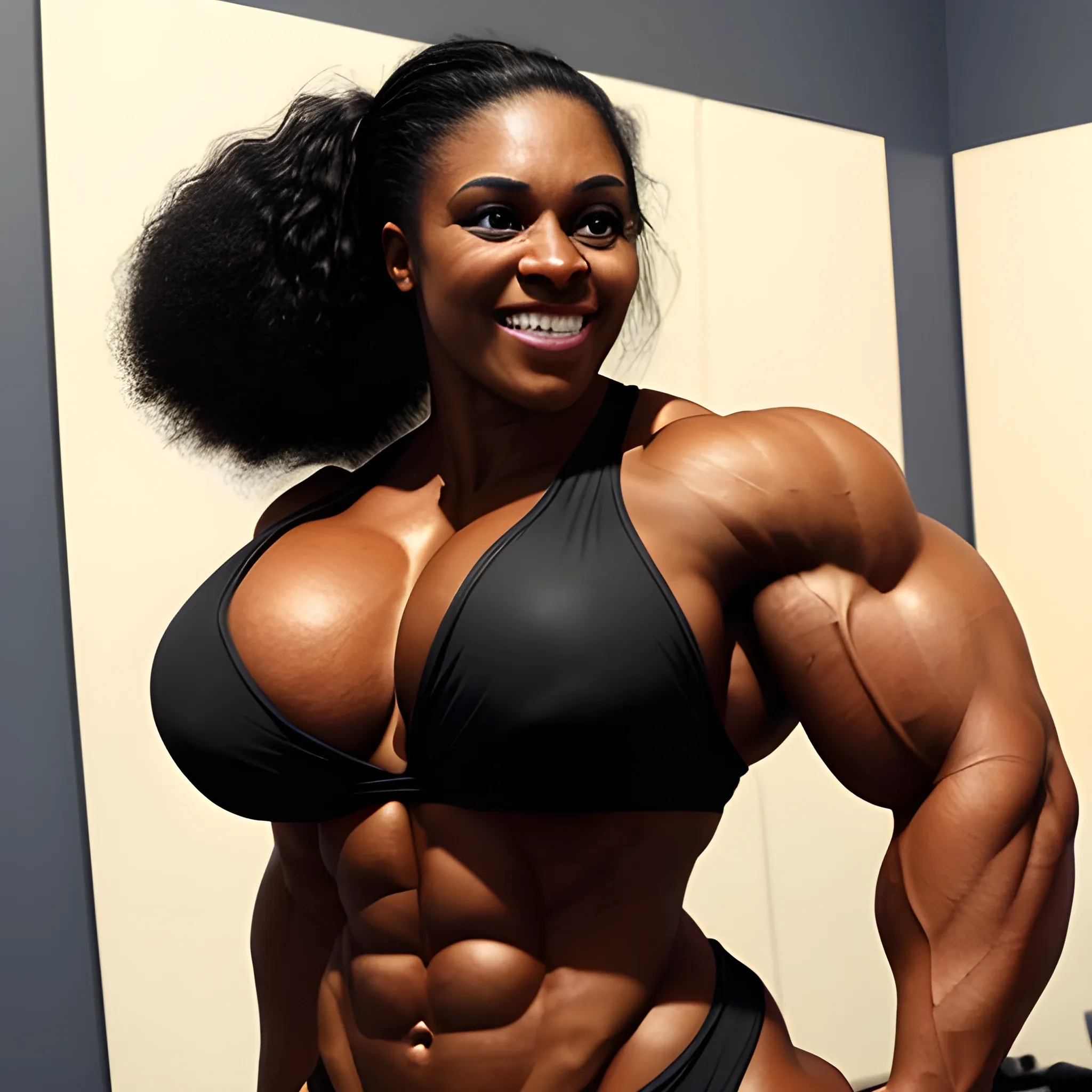 a full-body image of a triumphant heavyweight beautiful black black female bodybuilder with wide-set eyes with very narrow hips and waist, extremely muscular, hulkish, extremely wide shoulder-to-shoulder distance over 240 cm, extremely wide chest, smiling, expressive eyes, ten-pack abs, perfect in every way, chesty musculature with big shoulders and big biceps.

