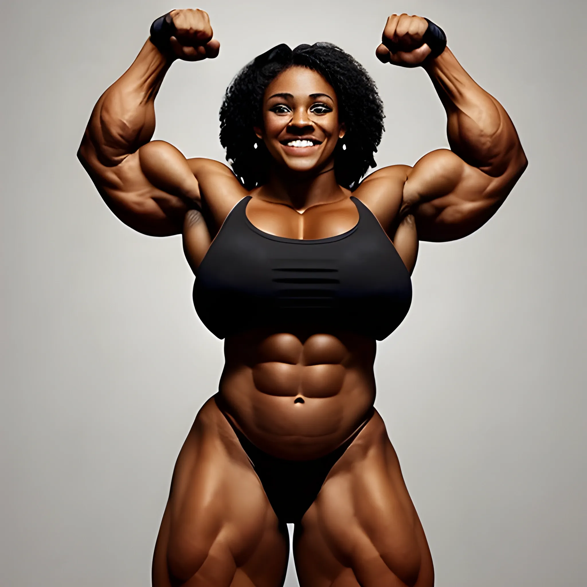 a full-body image of a triumphant heavyweight beautiful black black female bodybuilder with wide-set eyes with very narrow hips and waist, extremely muscular, hulkish, extremely wide shoulder-to-shoulder distance over 240 cm, extremely wide chest, smiling, expressive eyes, ten-pack abs, perfect in every way, chesty musculature with big shoulders and big biceps.

