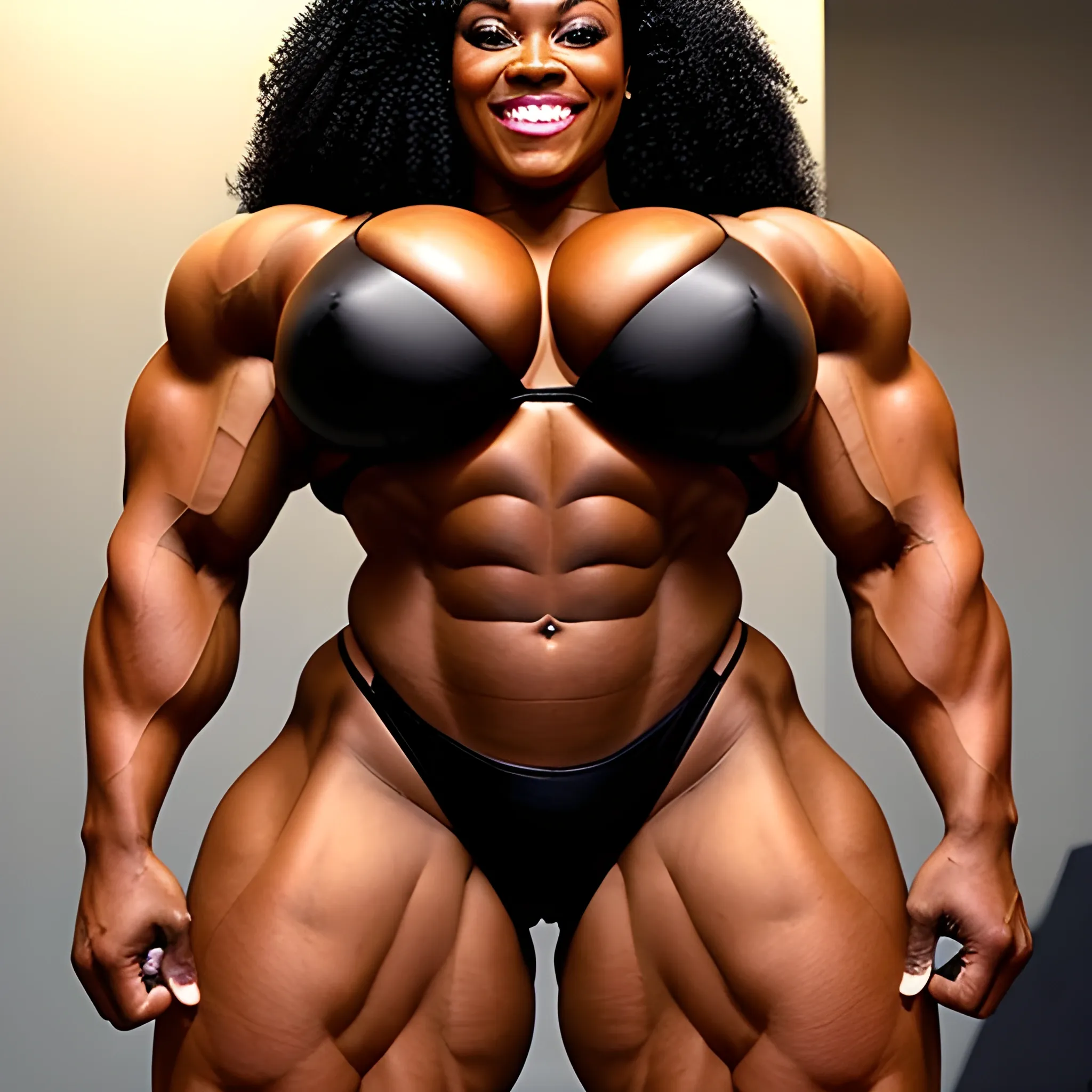 a full-body image of a triumphant heavyweight beautiful black black female bodybuilder with wide-set eyes with very narrow hips and waist, extremely muscular, very hulkish, extremely wide shoulder-to-shoulder distance over 290 cm, extremely wide chest, smiling, expressive eyes, ten-pack abs, perfect in every way, chesty musculature with big shoulders and big biceps. small bikini

