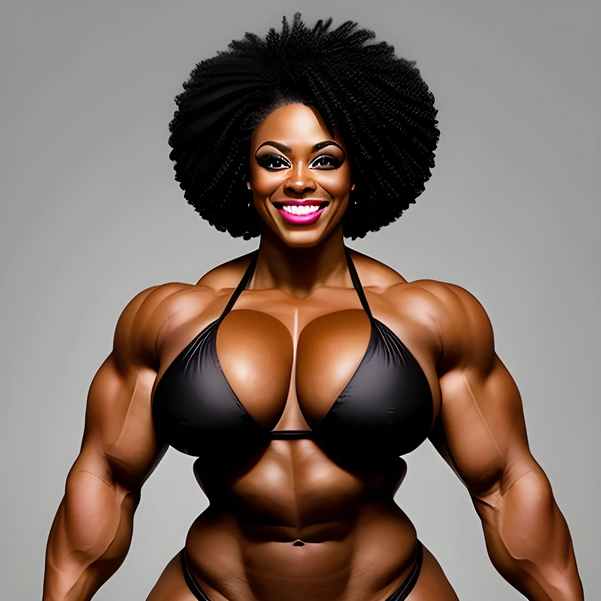 a full-body image of a triumphant heavyweight beautiful black black female bodybuilder with wide-set eyes with very narrow hips and waist, extremely muscular, very hulkish, extremely wide shoulder-to-shoulder distance over 290 cm, extremely wide chest, smiling, expressive eyes, ten-pack abs, perfect in every way, chesty musculature with big shoulders and big biceps. small bikini

