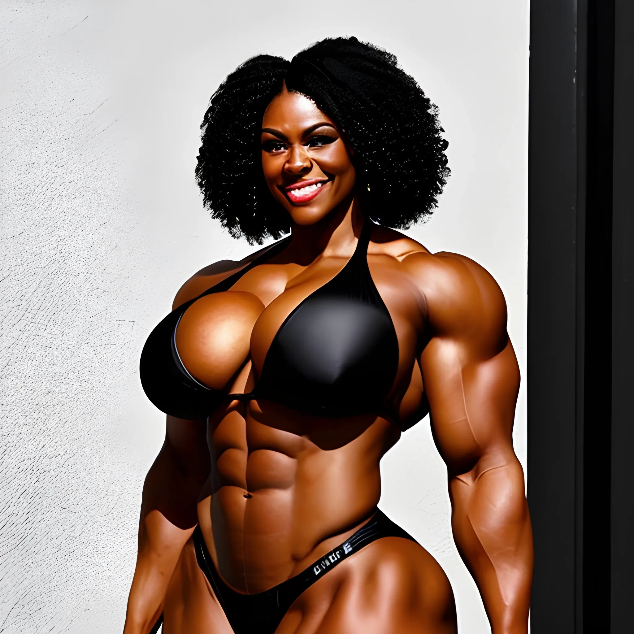 a full-body image of a triumphant heavyweight beautiful black black female bodybuilder with wide-set eyes with very narrow hips and waist, extremely muscular, very hulkish, extremely wide shoulder-to-shoulder distance over 240 cm, extremely wide chest, smiling, expressive eyes, ten-pack abs, perfect in every way, chesty musculature with big shoulders and big biceps. small bikini

