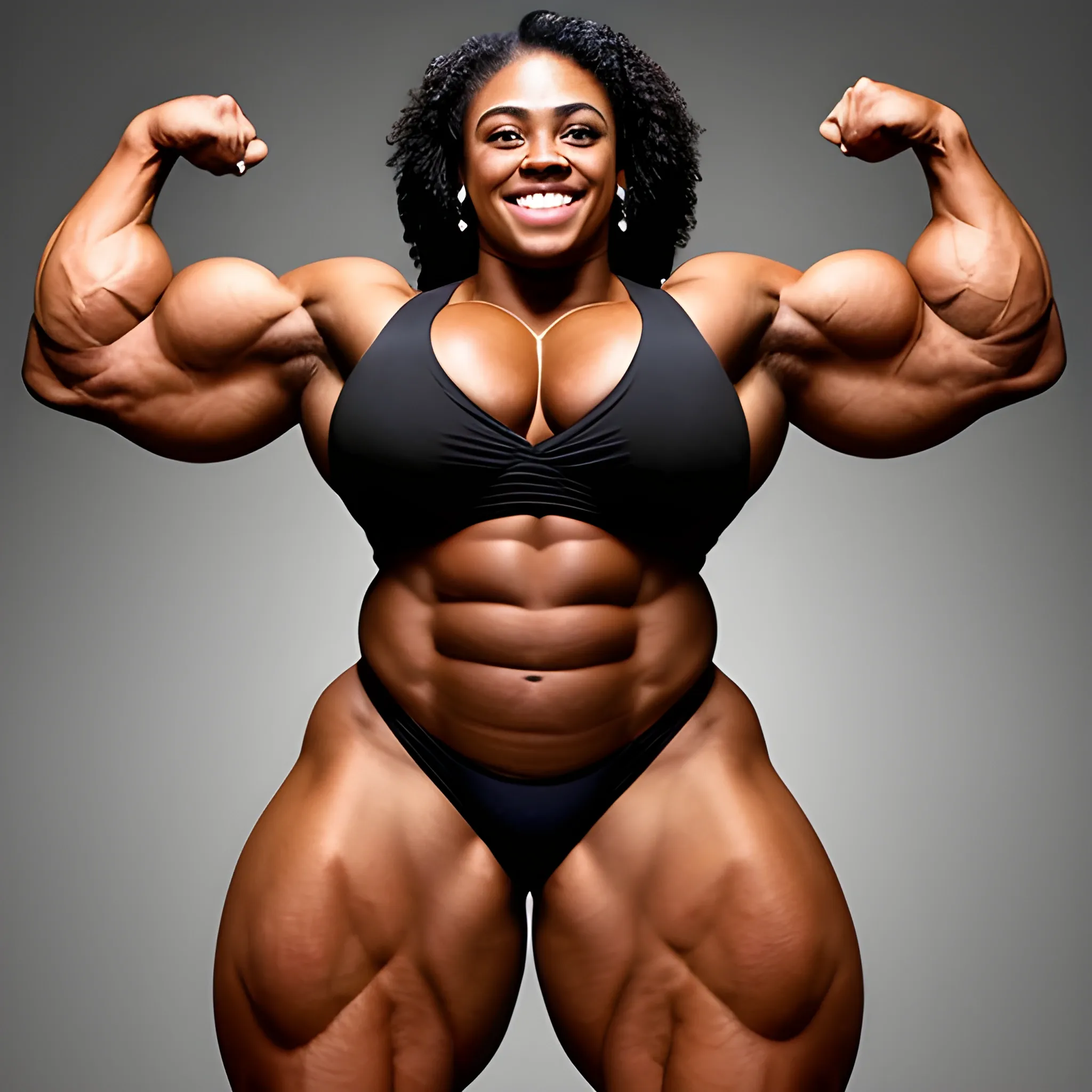 a full-body image of a triumphant heavyweight beautiful black black female bodybuilder with wide-set eyes with very narrow hips and waist, extremely muscular, hulkish, extremely wide shoulder-to-shoulder distance over 240 cm, extremely wide chest, smiling, expressive eyes, sexy, ten-pack abs, perfect in every way, chesty musculature with big shoulders and big biceps.

