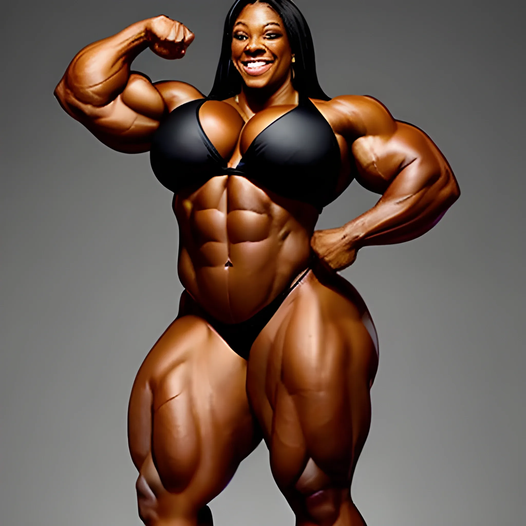 a full-body image of a triumphant heavyweight beautiful black black female bodybuilder with wide-set eyes with very narrow hips and waist, extremely muscular, very hulkish, extremely wide shoulder-to-shoulder distance over 240 cm, extremely wide chest, bulky and defined muscles, smiling, expressive eyes, ten-pack abs, perfect in every way, wide and chesty musculature with big shoulders and big biceps. small bikini

