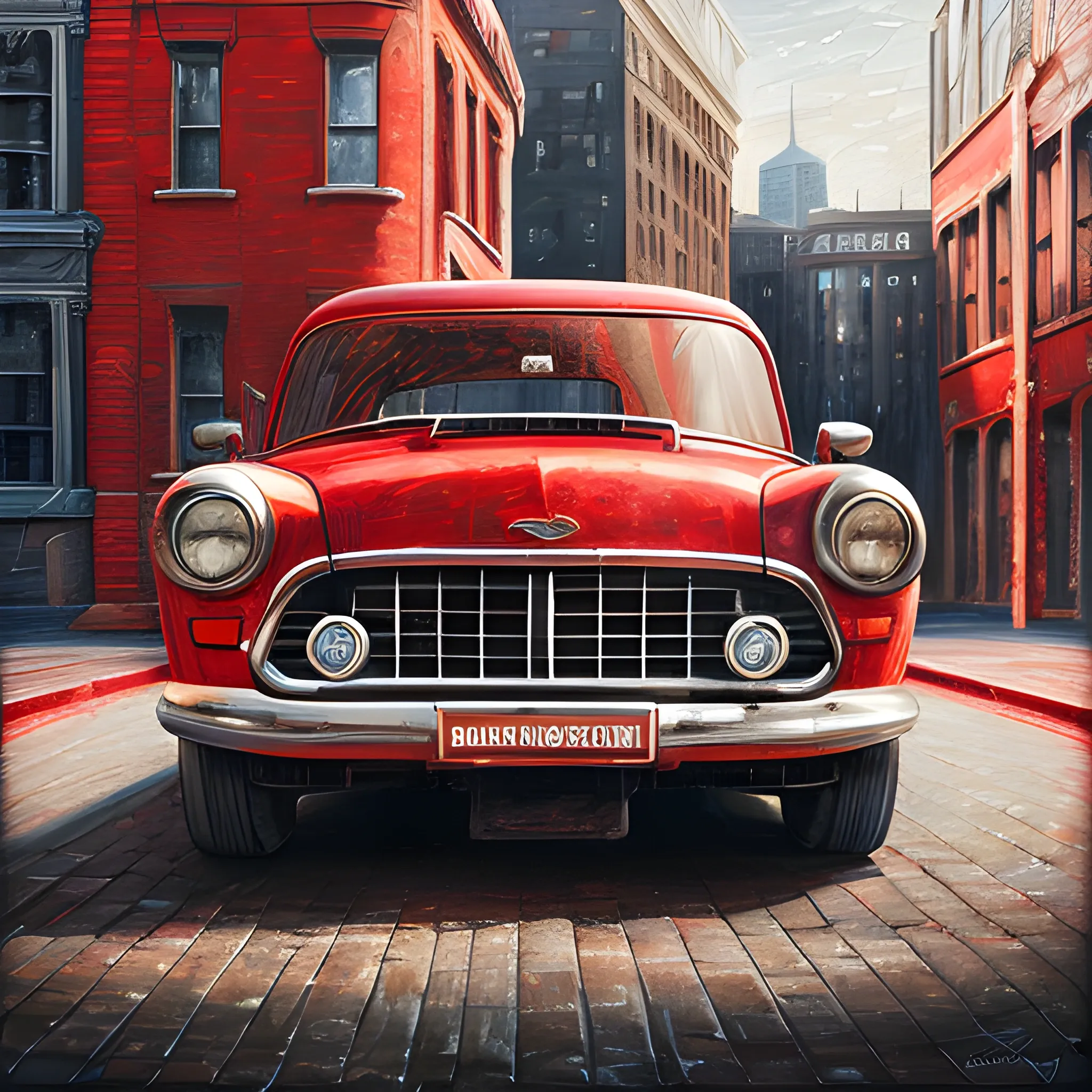 "Create a realistic close-up painting of a red car with the words 'Been here' engraved on it, set against a blurred urban backdrop, with natural lighting that highlights the curves and details of the vehicle."