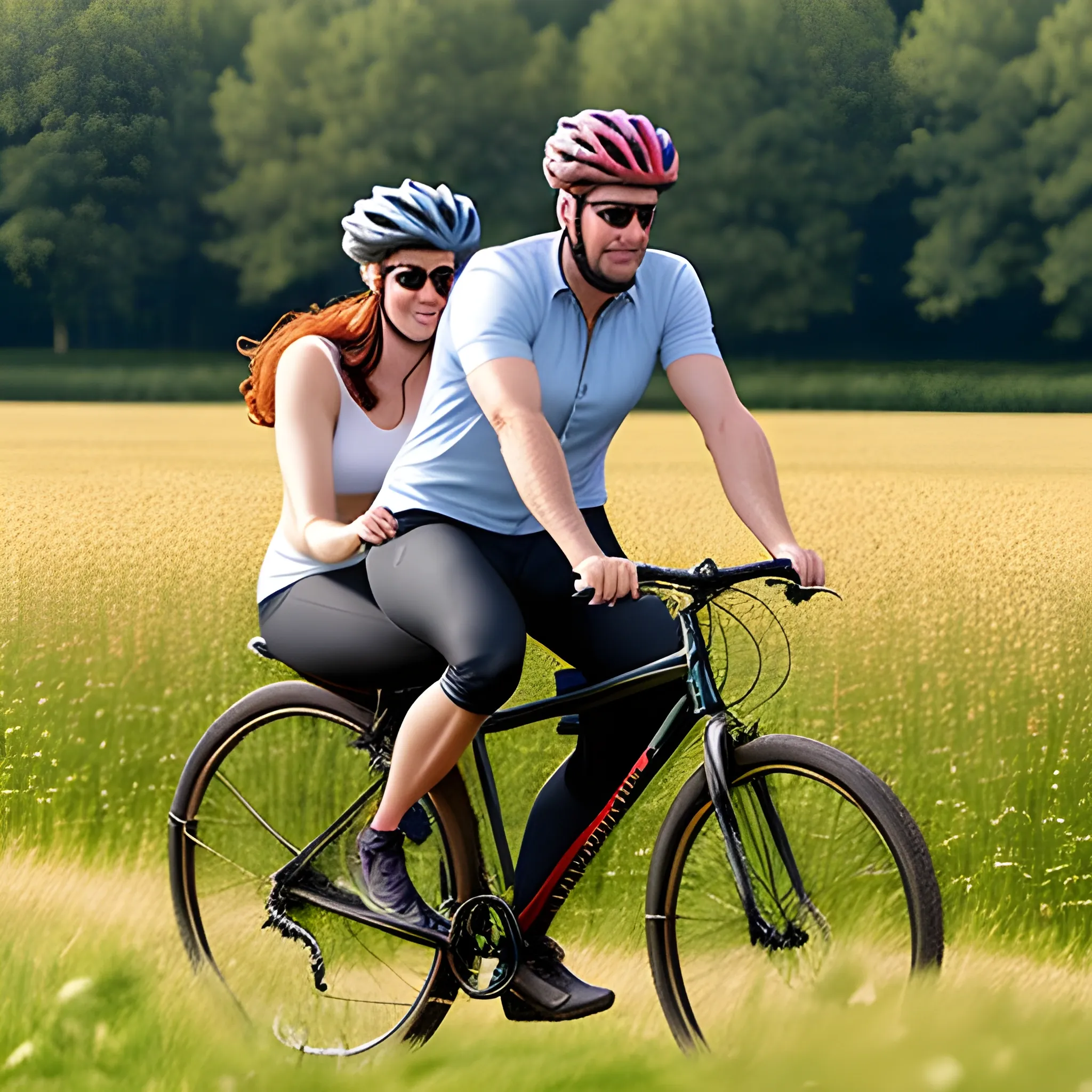 A man and a woman ride bicycles in a field, and the girl sits behind the boy