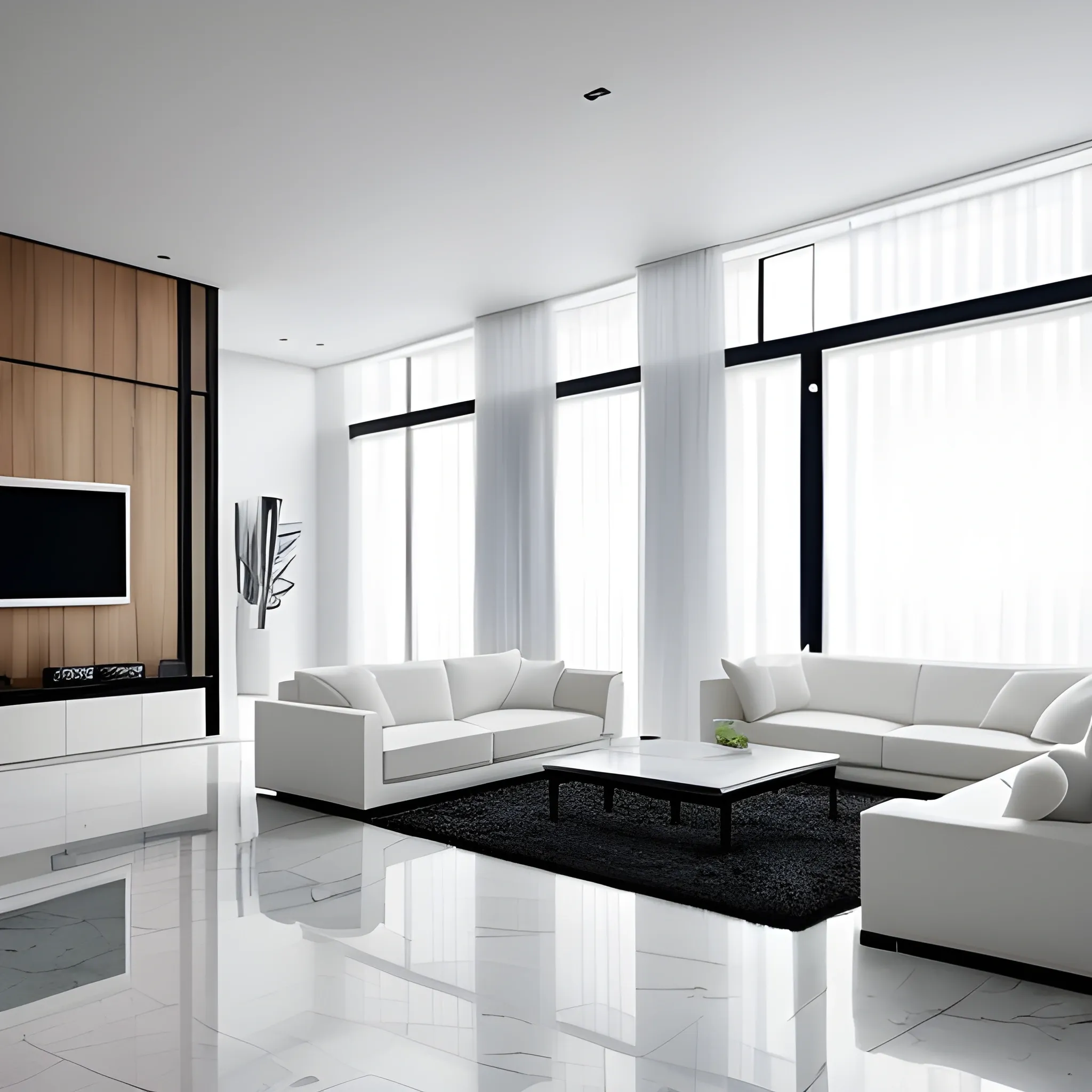 A modern living room with a beautiful white marble table between 2 white sofas ,on the left of the living room there are floor to ceiling glass window and on the right of the living room there are wooden stairs to the second floor, 8k resolution, professional interior design photograph