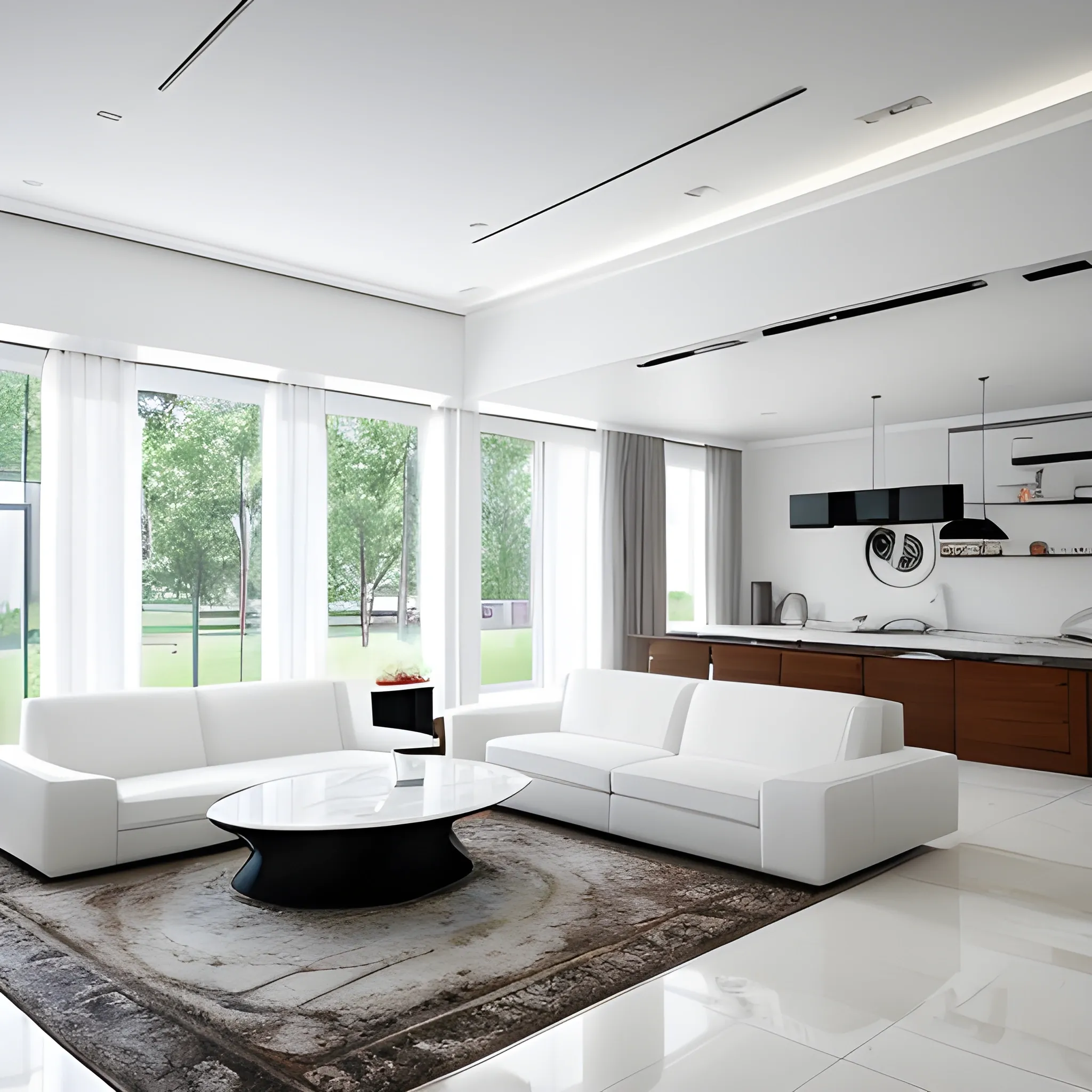 A modern living room with a beautiful white marble table between 2 white sofas ,on the left of the living room there are floor to ceiling glass window and on the right of the living room there are wooden stairs to the second floor, 8k resolution, professional interior design photograph