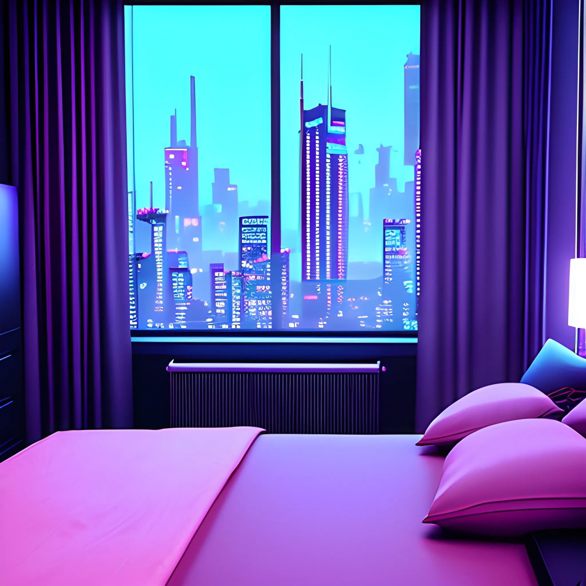 « inside a girl room, cyberpunk vibe, neon glowing lights, sharp focus, photorealistic, unreal engine 5, girl in the bed, window that shows the skyscrapers in the background » 