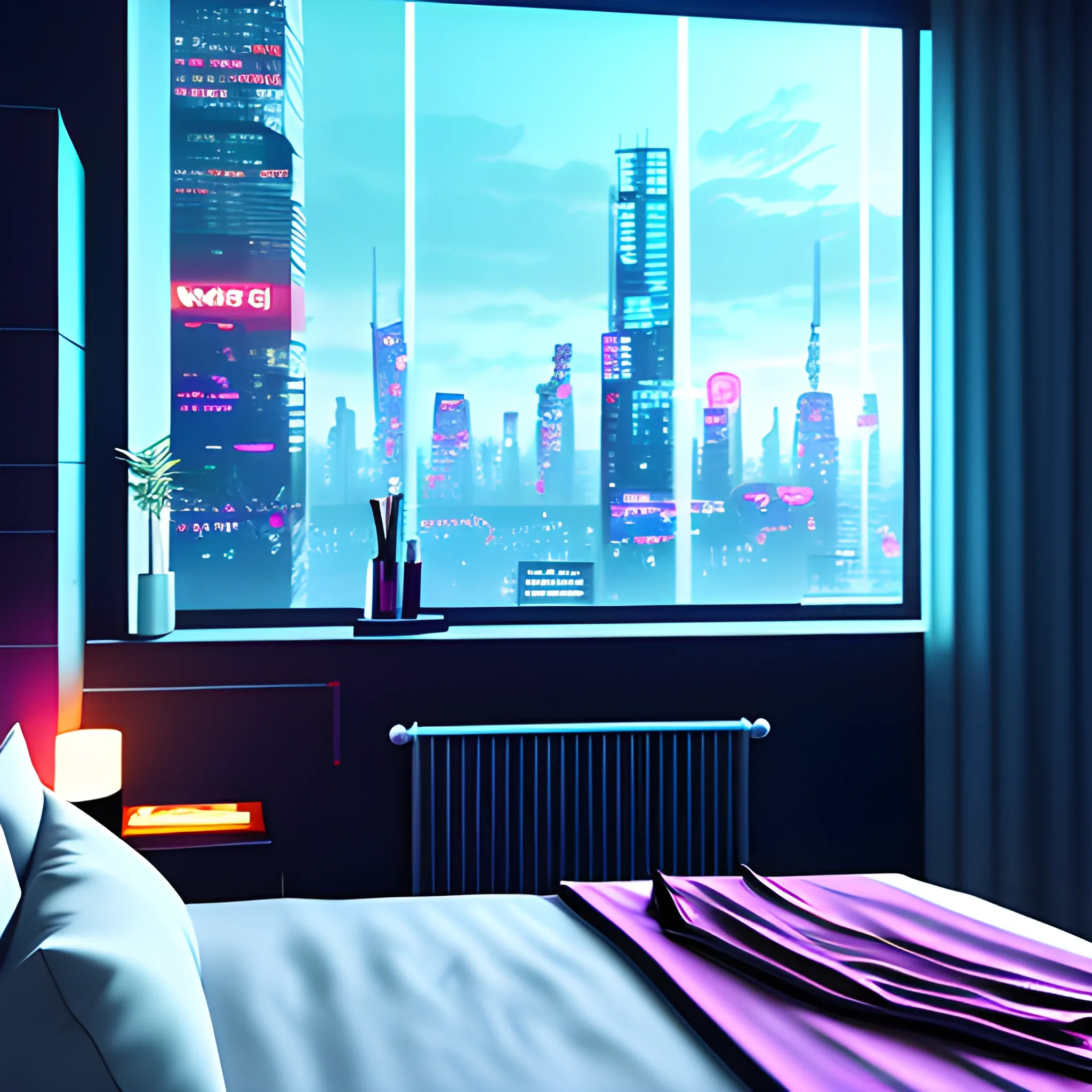 « inside a girl room, cyberpunk vibe, neon glowing lights, sharp focus, photorealistic, unreal engine 5, girl in the bed, window that shows the skyscrapers in the background » 