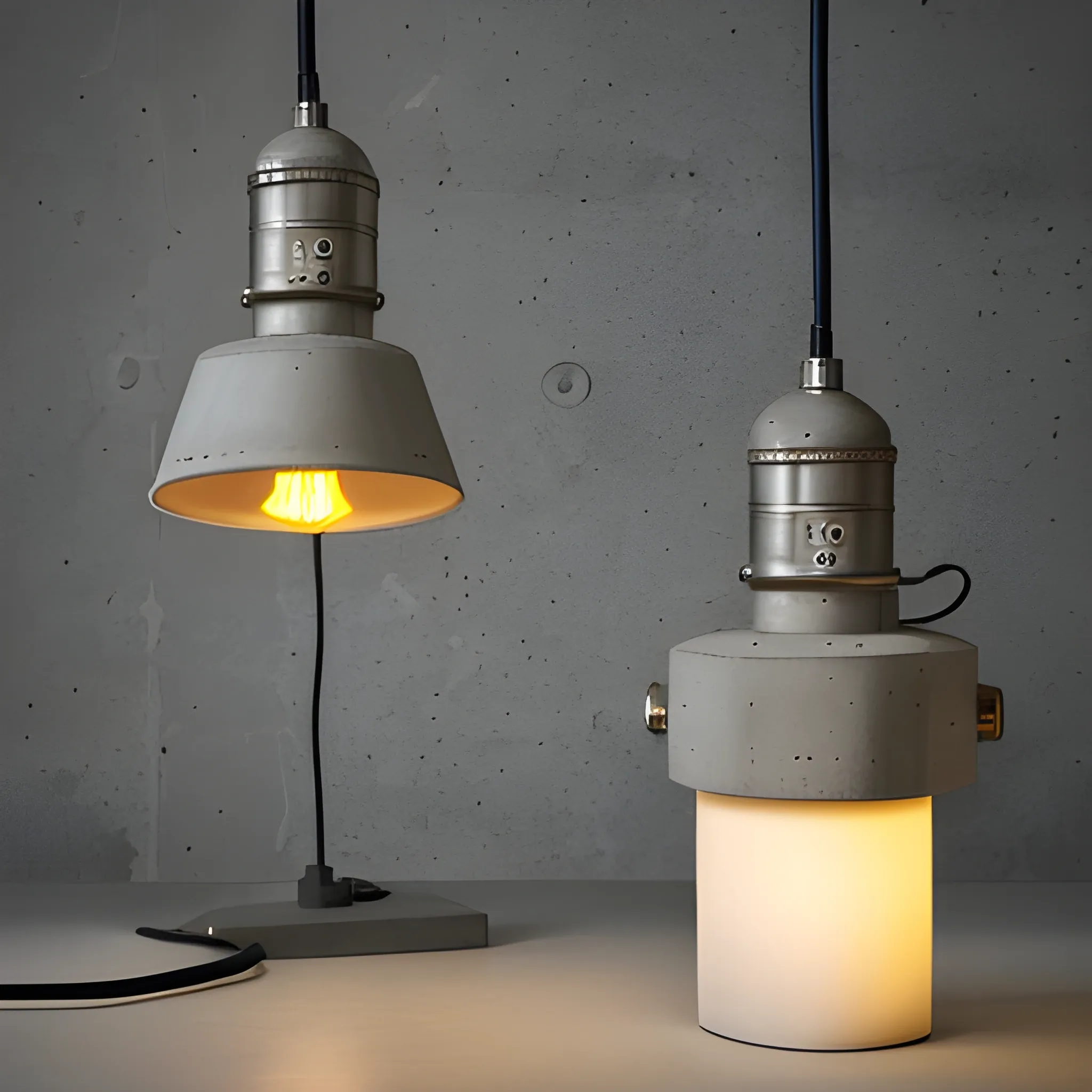 concrete luminaire with edison lamp in a hi-tech room