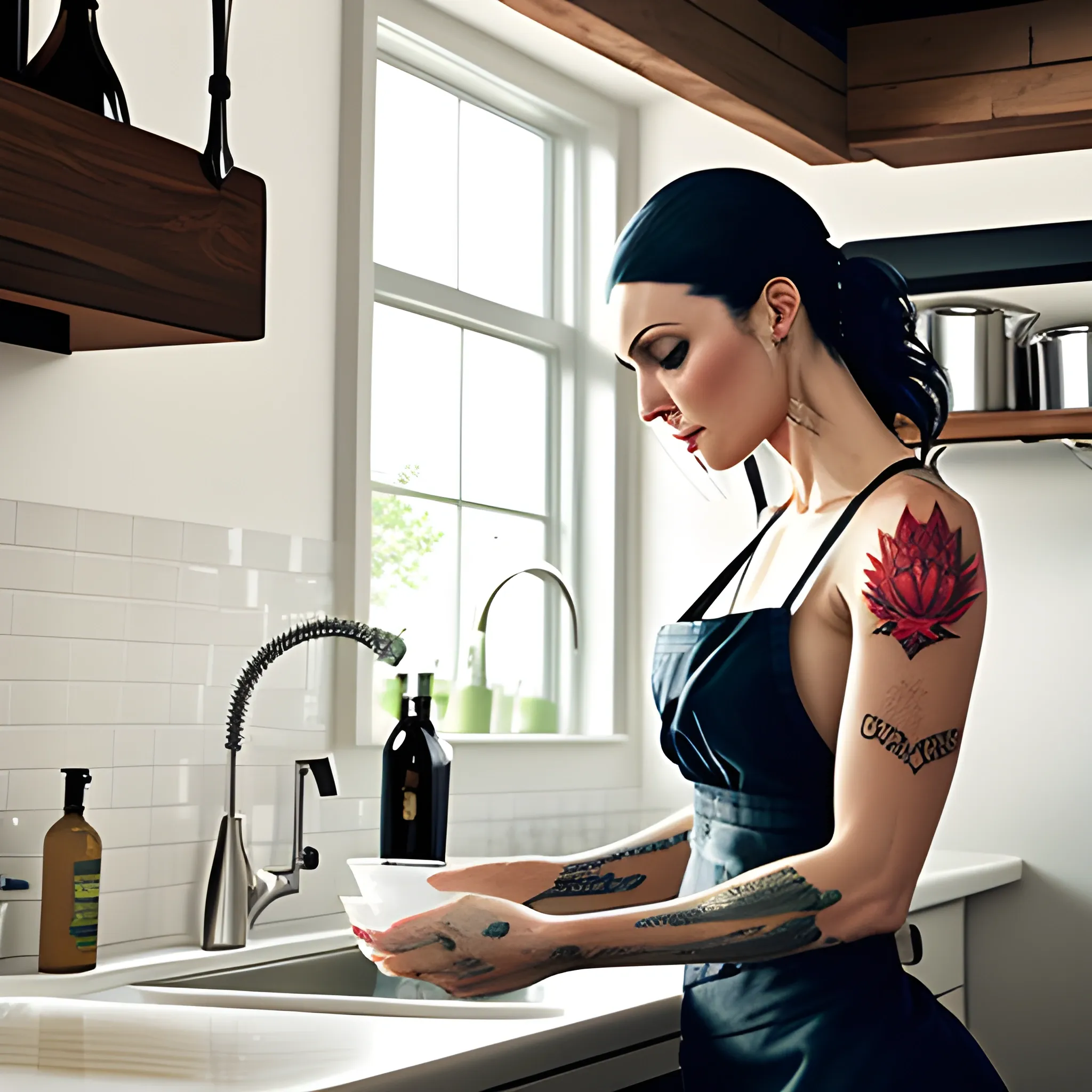  girl with a tattoo washing dishes in a loft style kitchen

