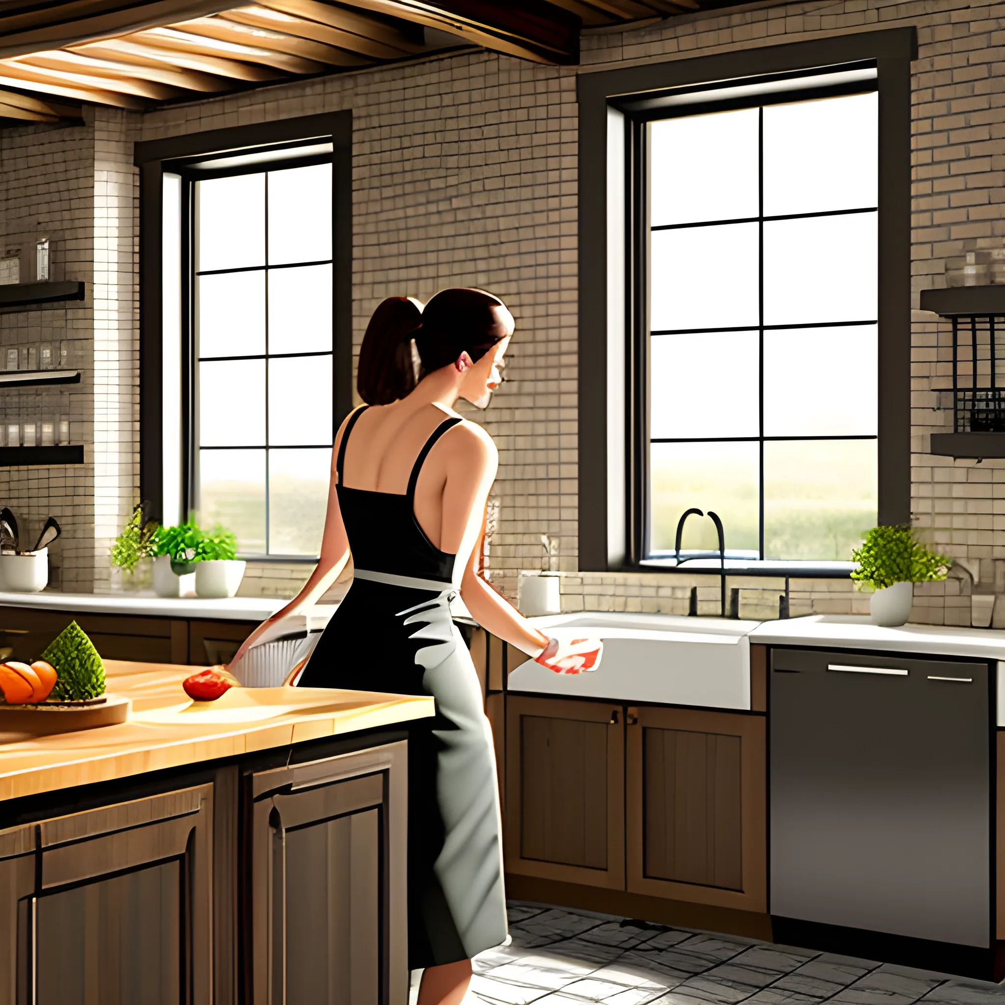  girl washing dishes in a loft style kitchen, realism

