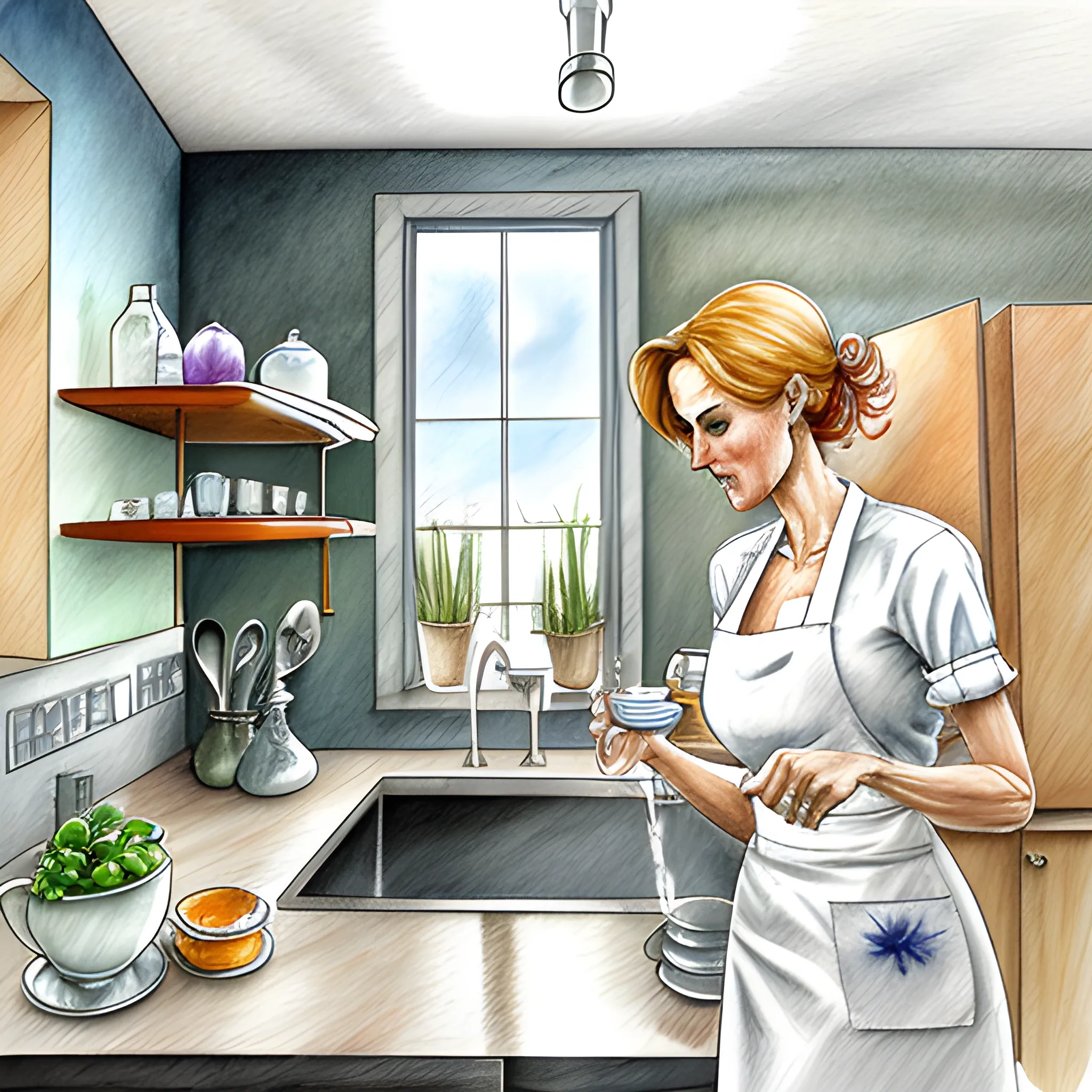  girl washing dishes in a loft style kitchen, realism

, Trippy, Pencil Sketch, Cartoon, Water Color, Oil Painting