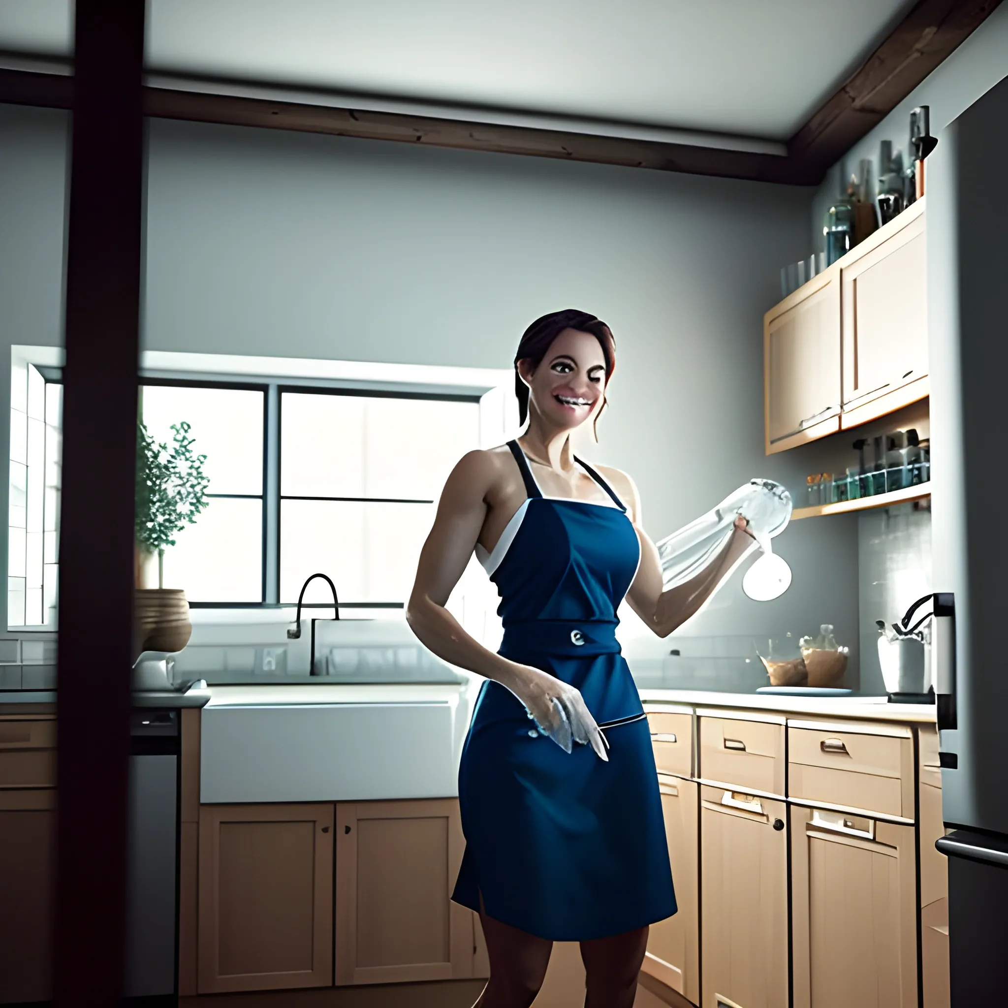  girl washing dishes in a loft style kitchen. The combination of cinematic lighting, atmospheric scenery, ultra photoreal quality, 8k sharp focus, smiling expression, athletic pose, surprised look, and swimming action make it one of the most breathtaking and captivating images available today.


