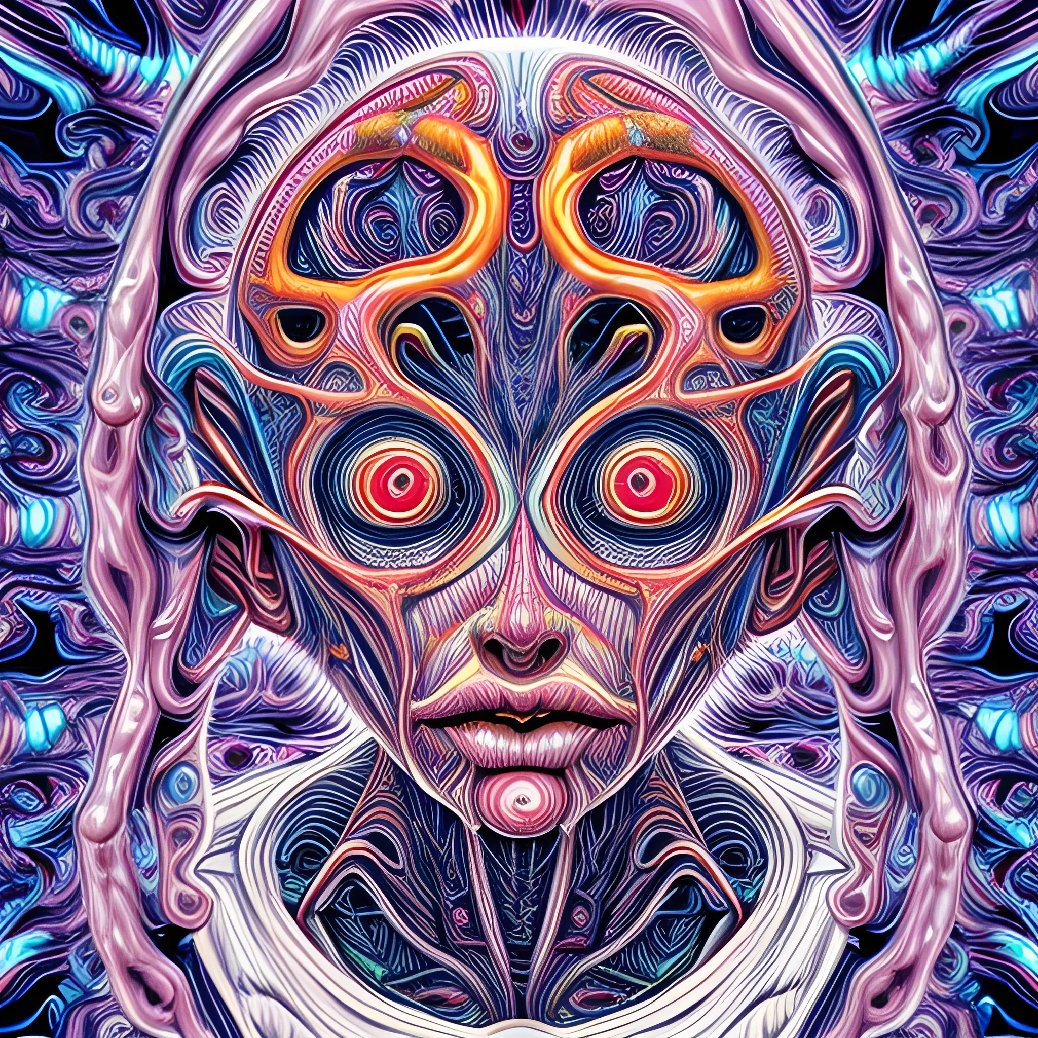 human body breaking away, conjuring psychedelic illustration, part by shintaro kago, part by alex gray, ultra realistic, highly detailed, 8 k, symmetry, fractals, grotesque, vibrant, 