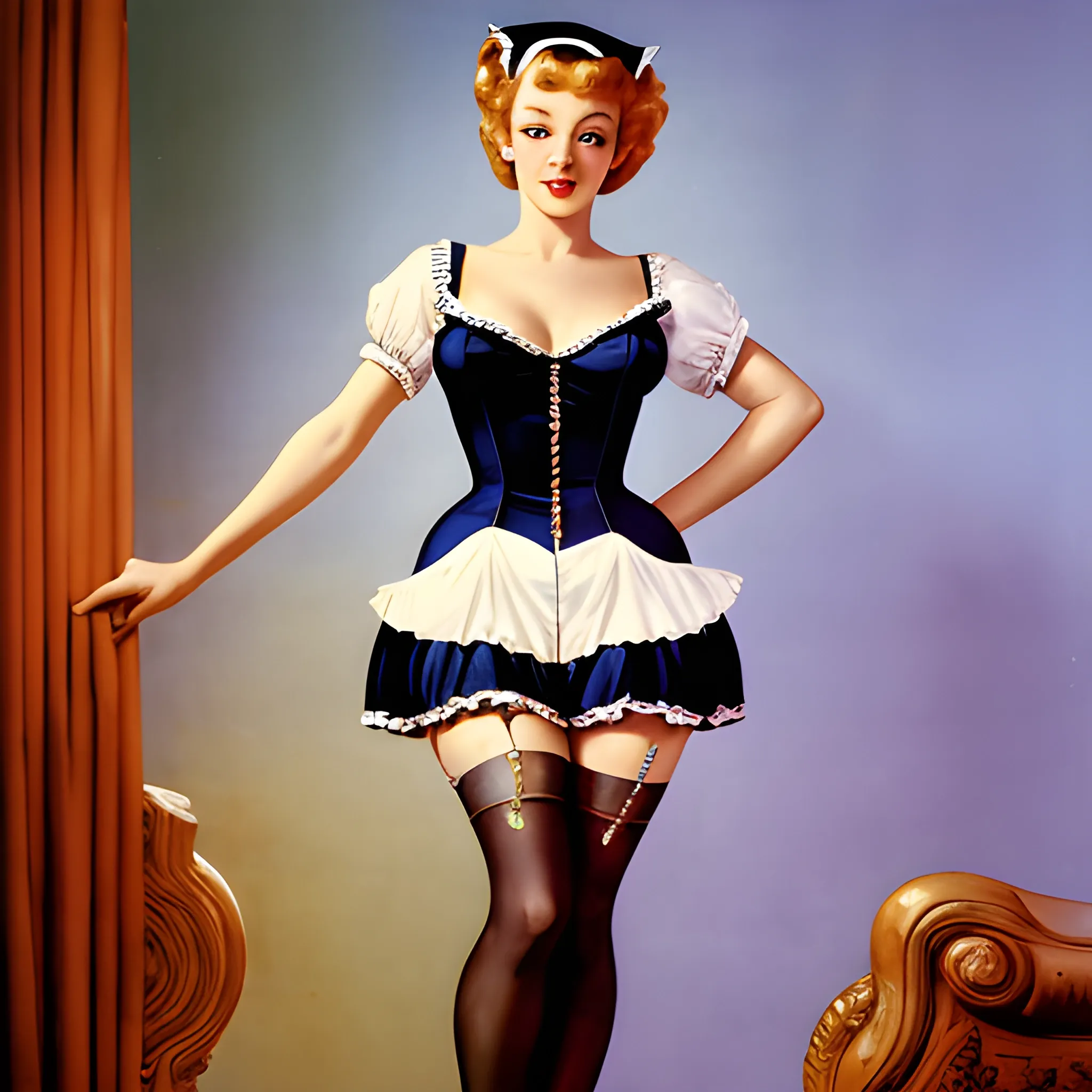 Woman In Room Maid Costume, Pinup, Detailed Eyes, Thigh Stockings, Deep Decolletage, Natural Skin, By Gil Elvgren And Rolf Armstrong, Realistic Photo, Looking Back