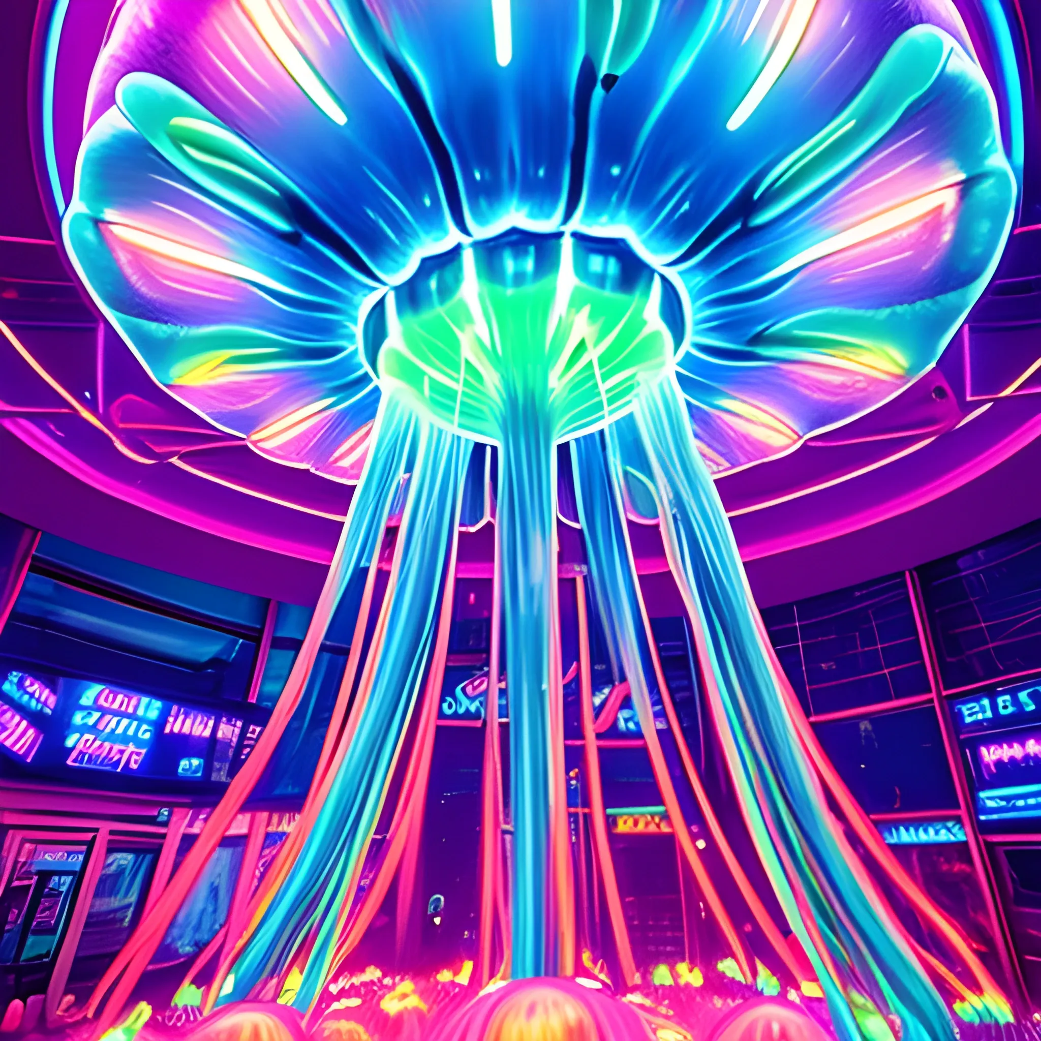 giant jellyfish in a sea of neon lights