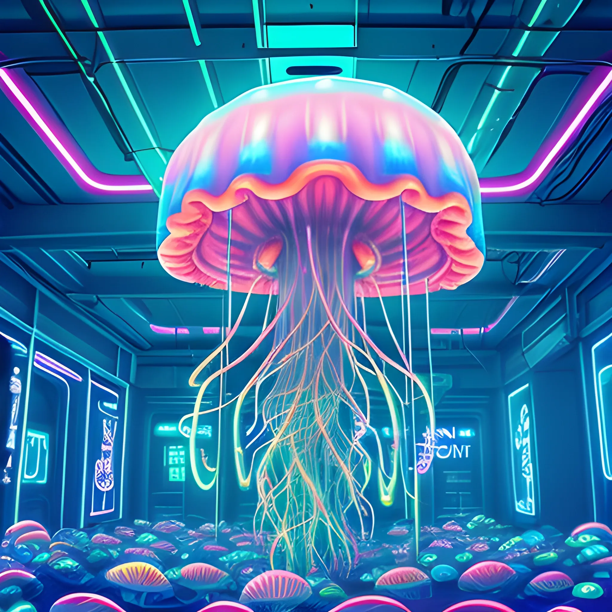 giant jellyfish in a sea of neon lights