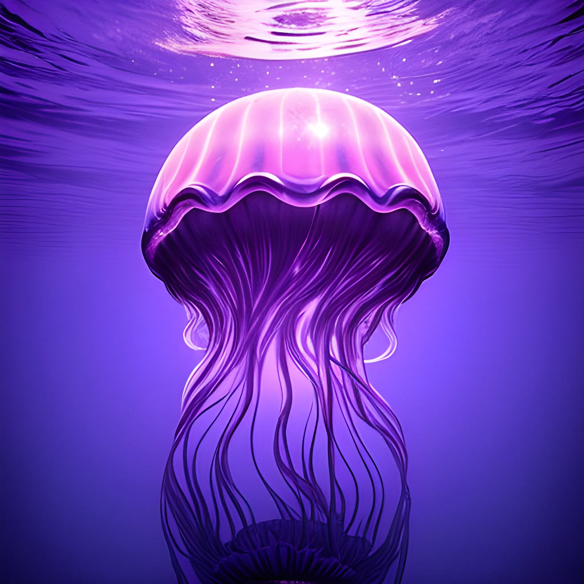 a giant jellyfish floating in the sea at night, in a purple light. 