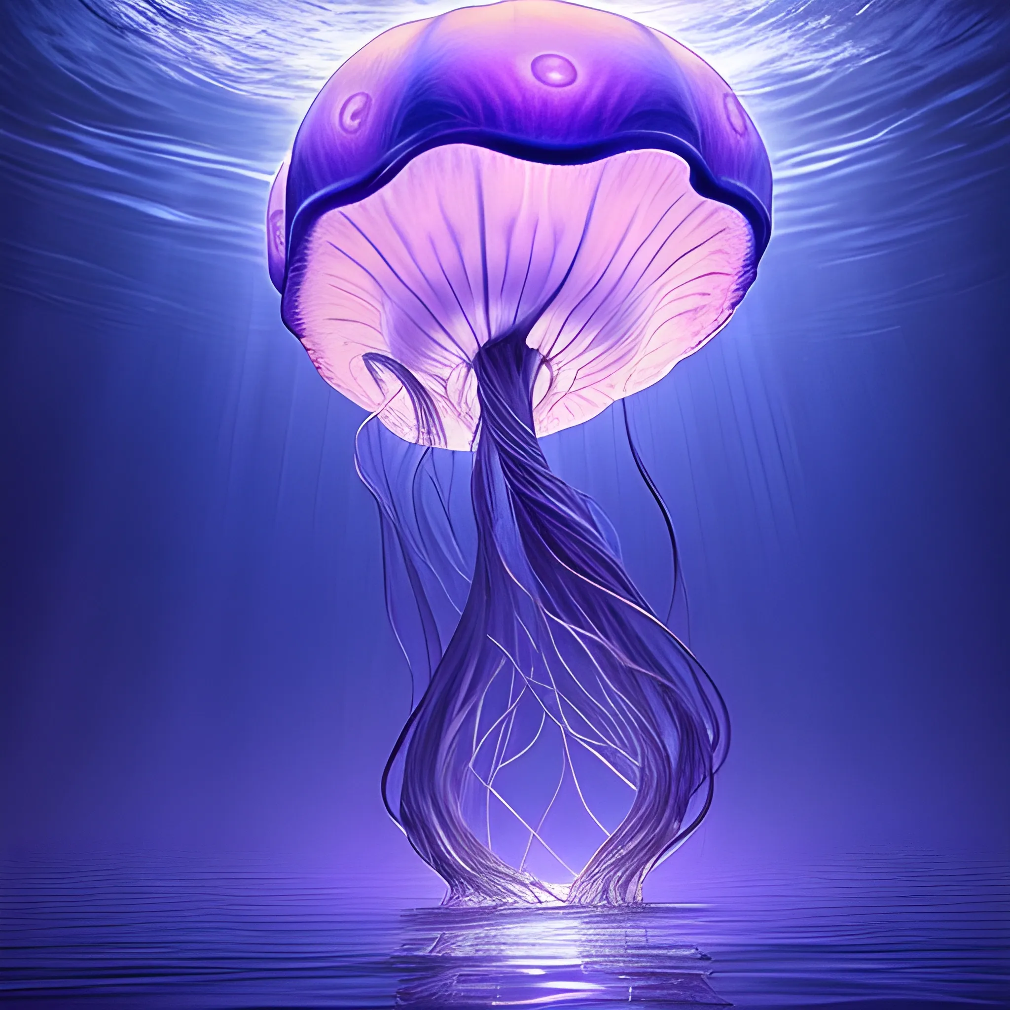 a giant jellyfish floating in the sea at night, in a purple light. realism
