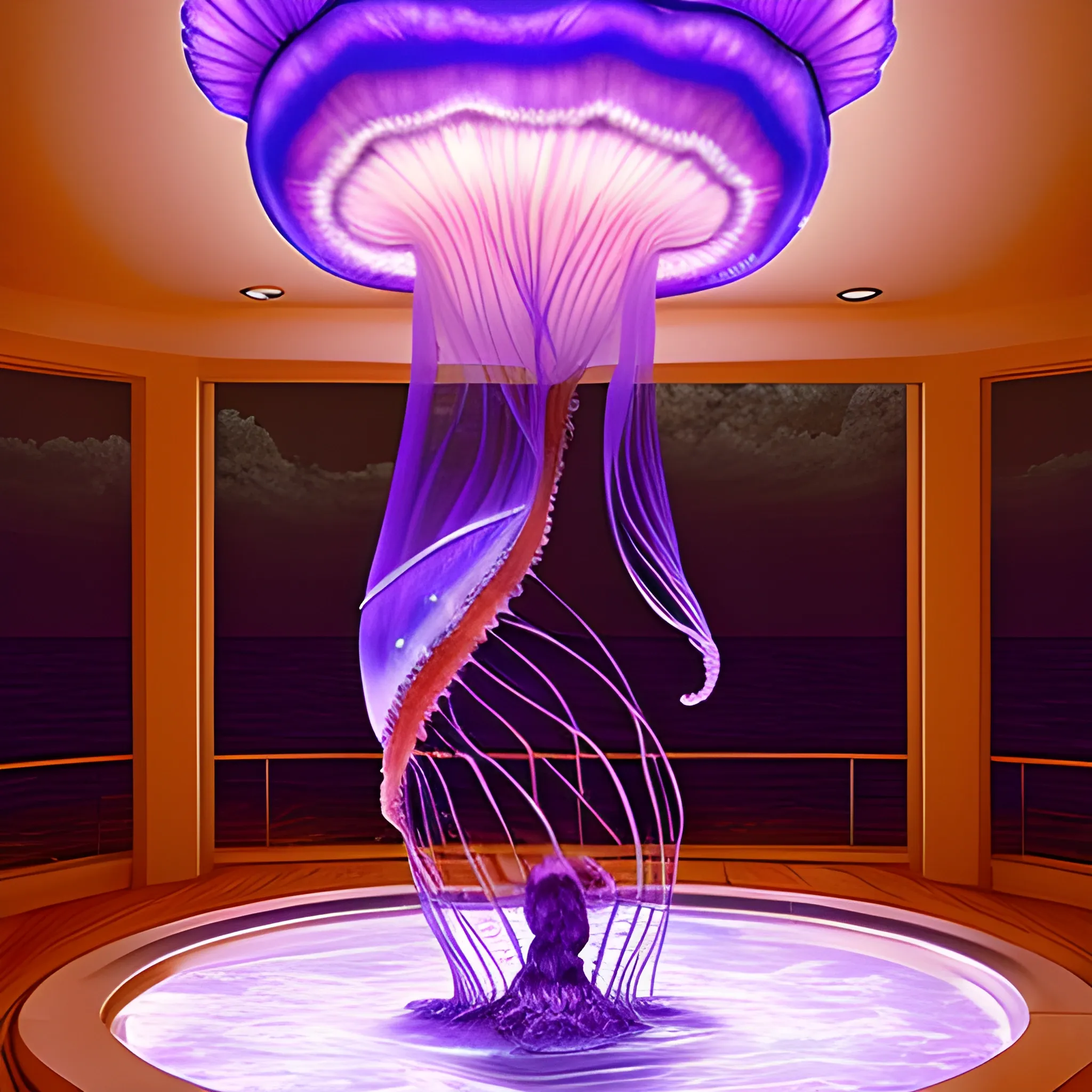 a giant jellyfish floating in the sea at night, in a purple light. photo realism
