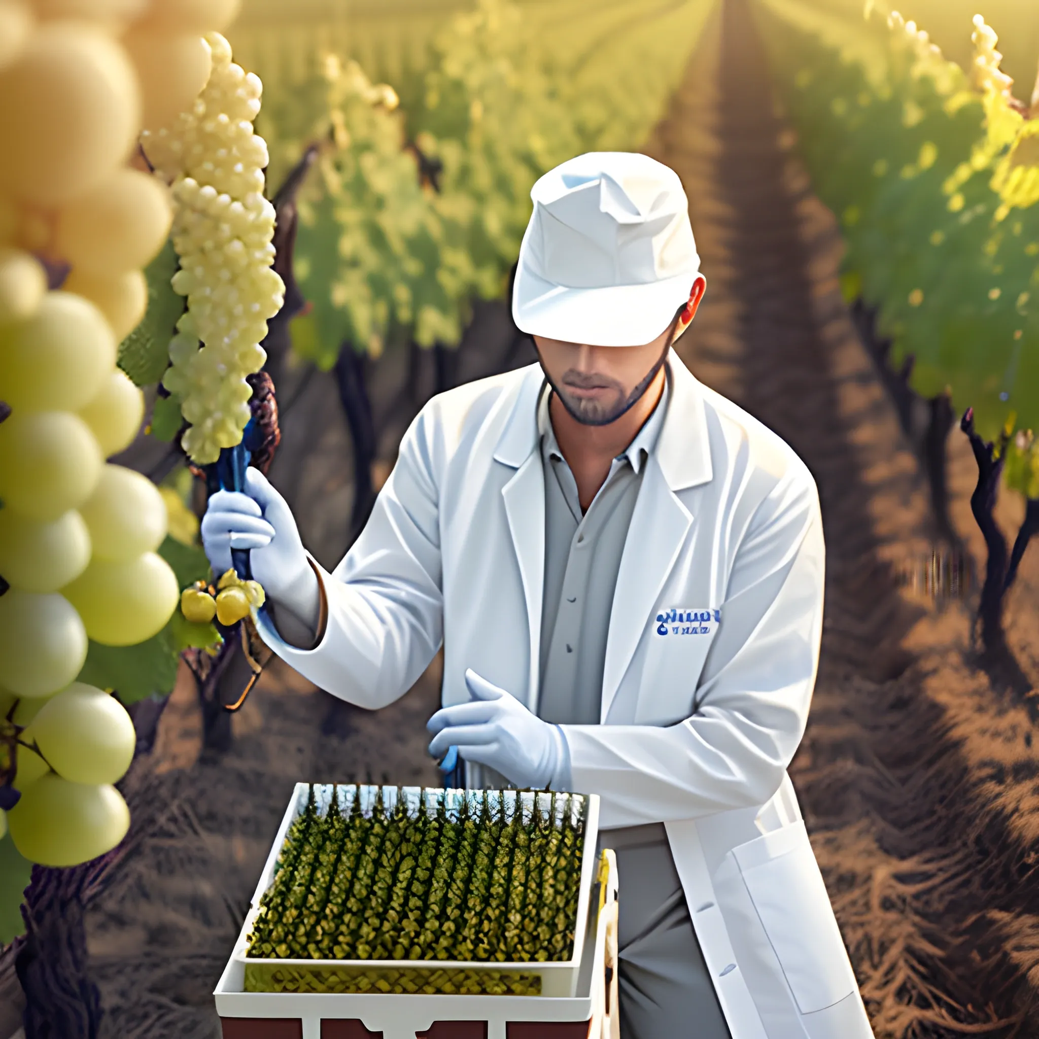 scientist in white coat working in a vineyard field with test tubes and grape bunches , 3D