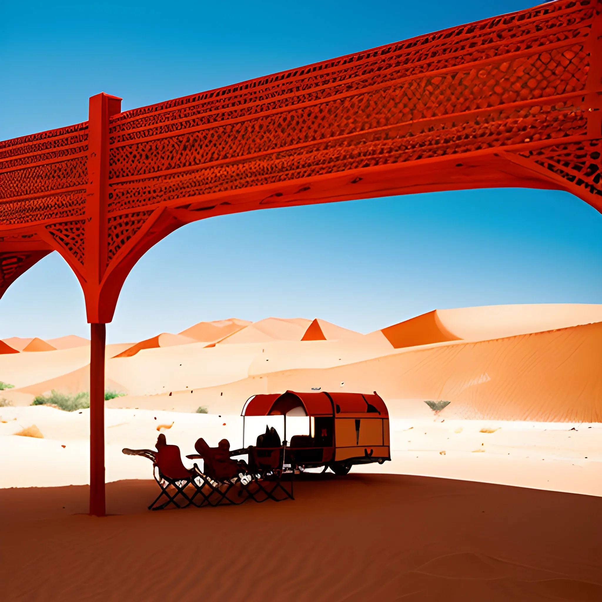 Red suspension bridge over Sahara dunes. Caravans cross, nomads rest under shade. Majestic, connecting oases. Midday sun, vibrant contrast.