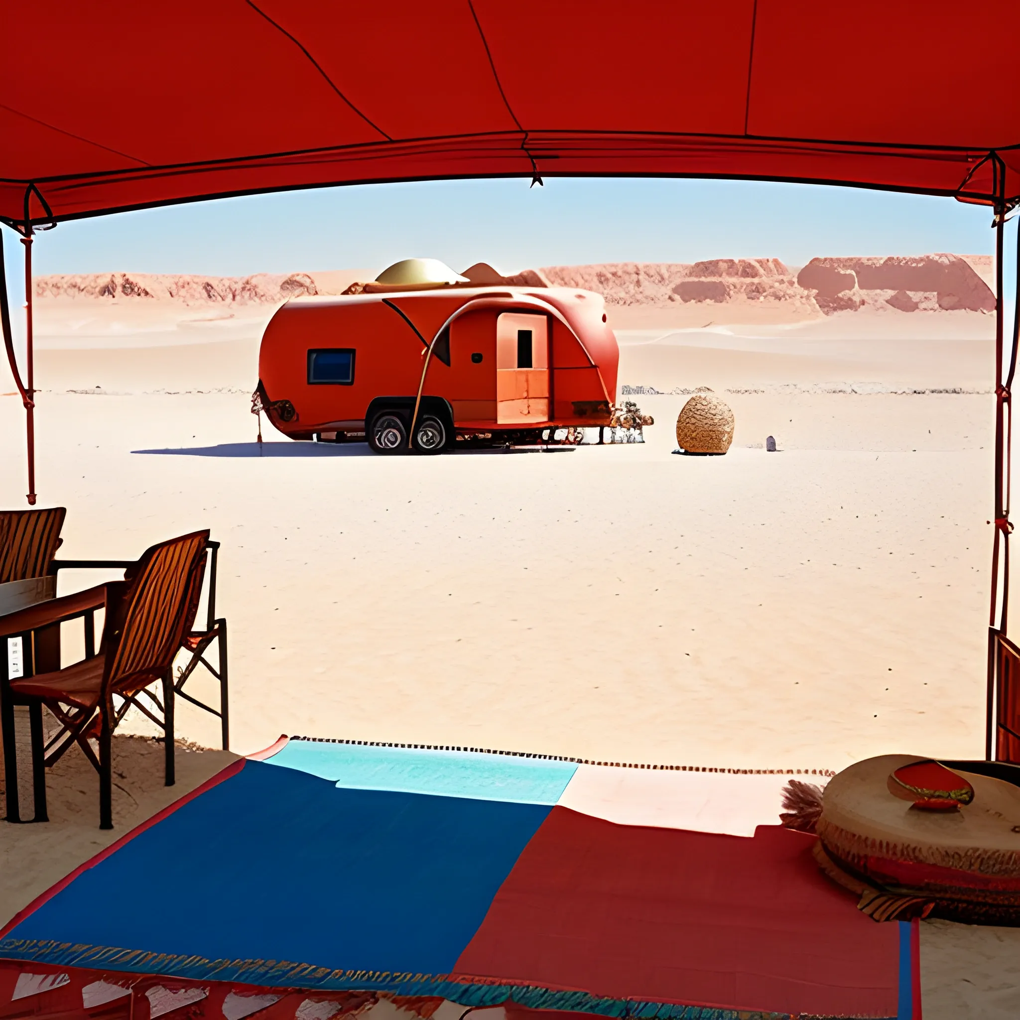 Red suspension bridge over Sahara dunes. Caravans cross, nomads rest under shade. Majestic, connecting oases. Midday sun, vibrant contrast., Water Color