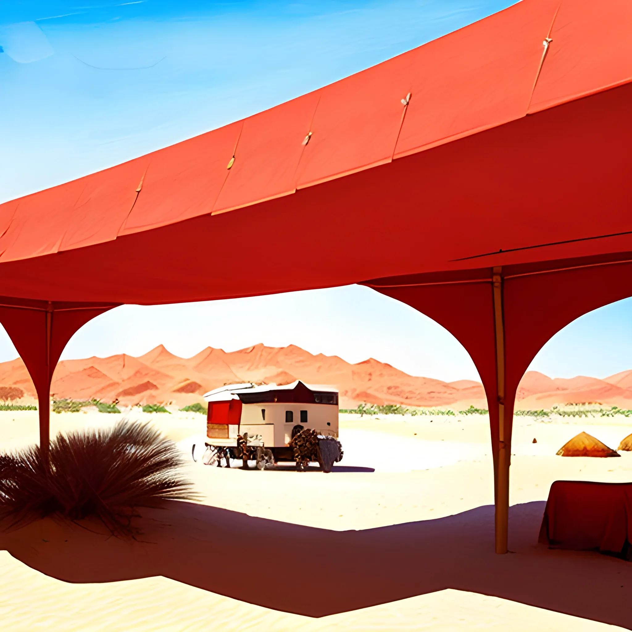 Red suspension bridge over Sahara dunes. Caravans cross, nomads rest under shade. Majestic, connecting oases. Midday sun, vibrant contrast., Water Color