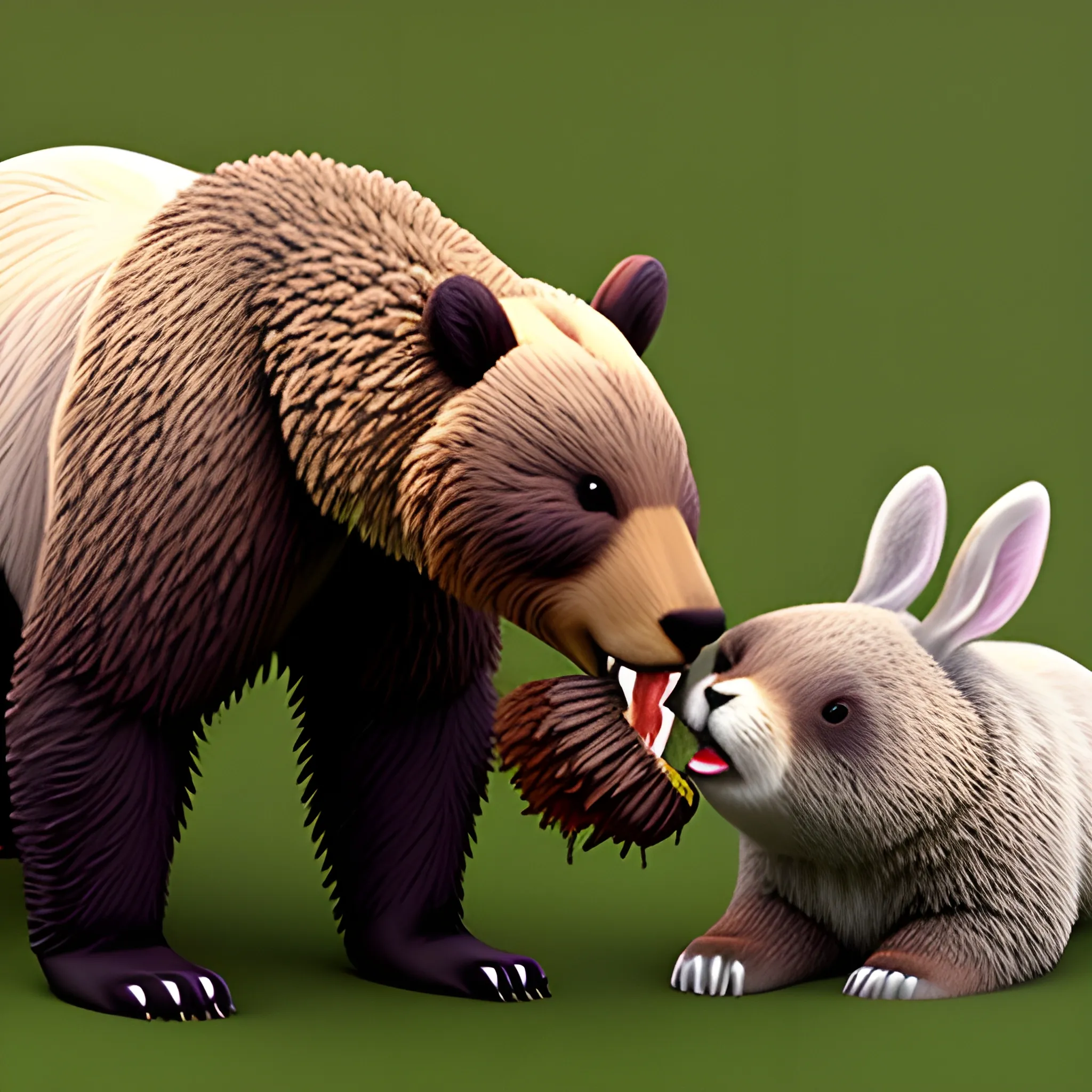 Small bunny eats grizzly bear face first, 3D