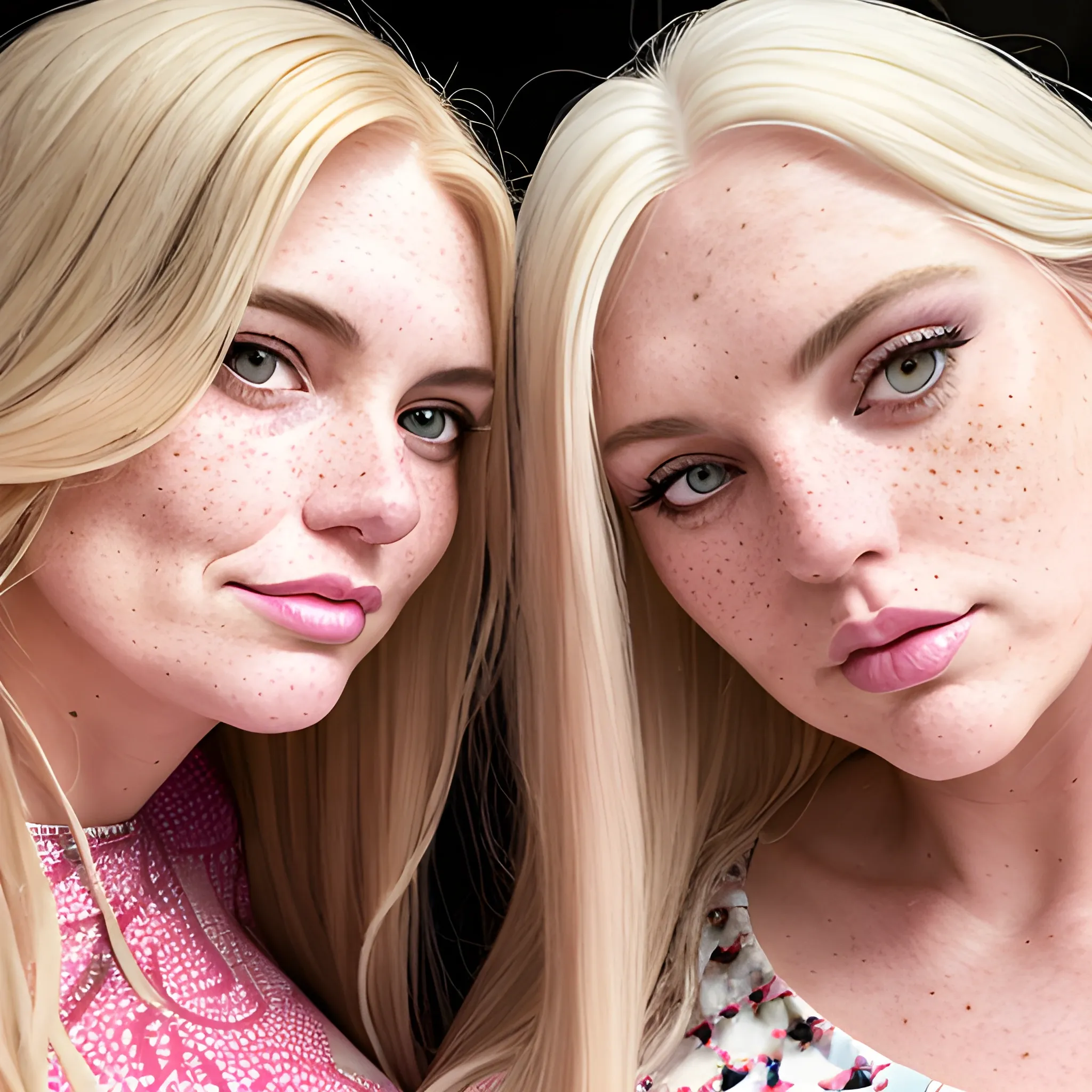 Two tall beautiful plus sized, ample, middle-aged  American Women, long straight blonde hair, full lips, full face, freckles, fitted white and pink patterned dresses, looking down at the camera, up close pov, detailed, warm lighting 