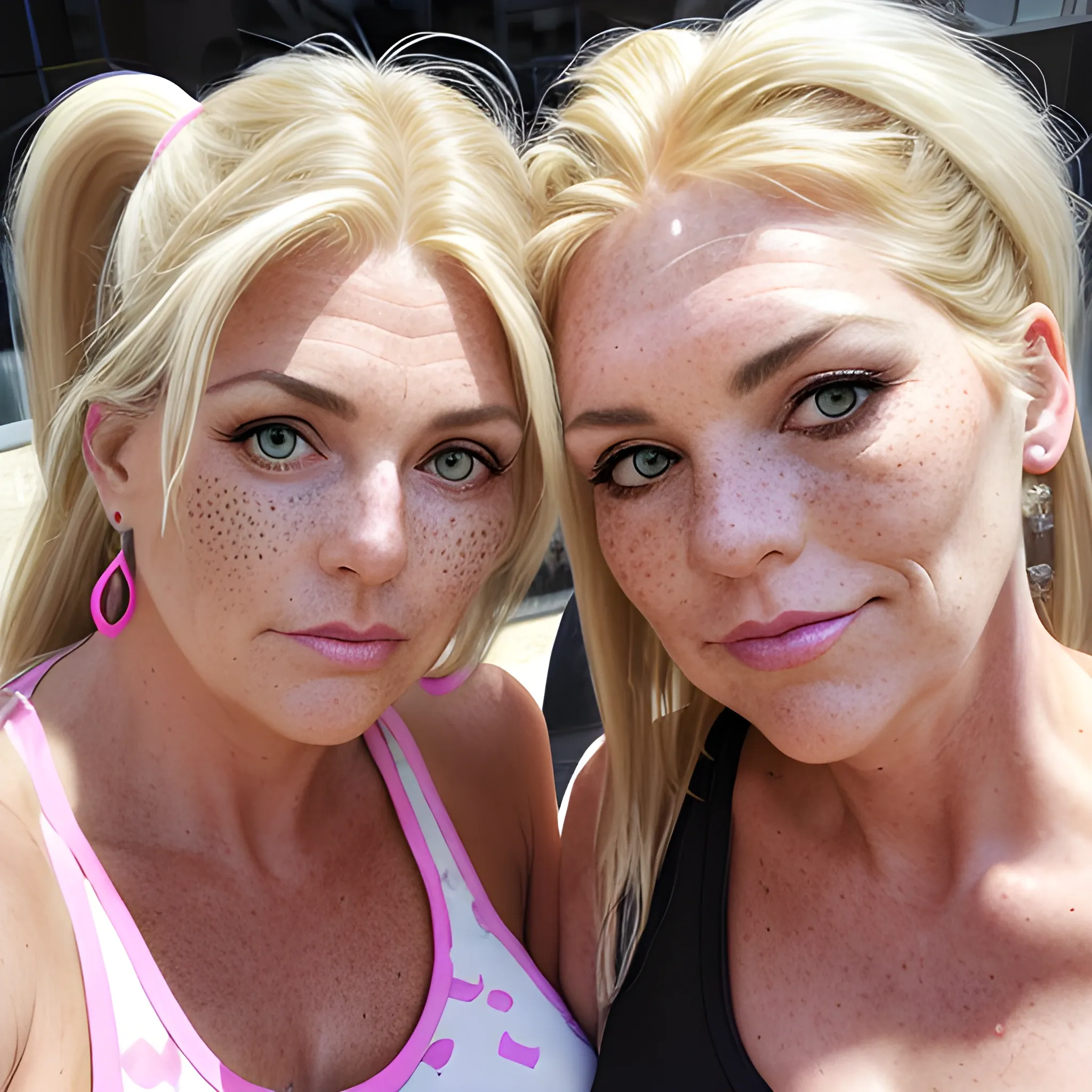 Two tall beautiful plus sized, ample, middle-aged  American Women, long straight blonde hair, ponytail, full lips, full face, freckles, fitted white and pink patterned tank tops, looking down at the camera, up close pov, detailed, warm lighting 