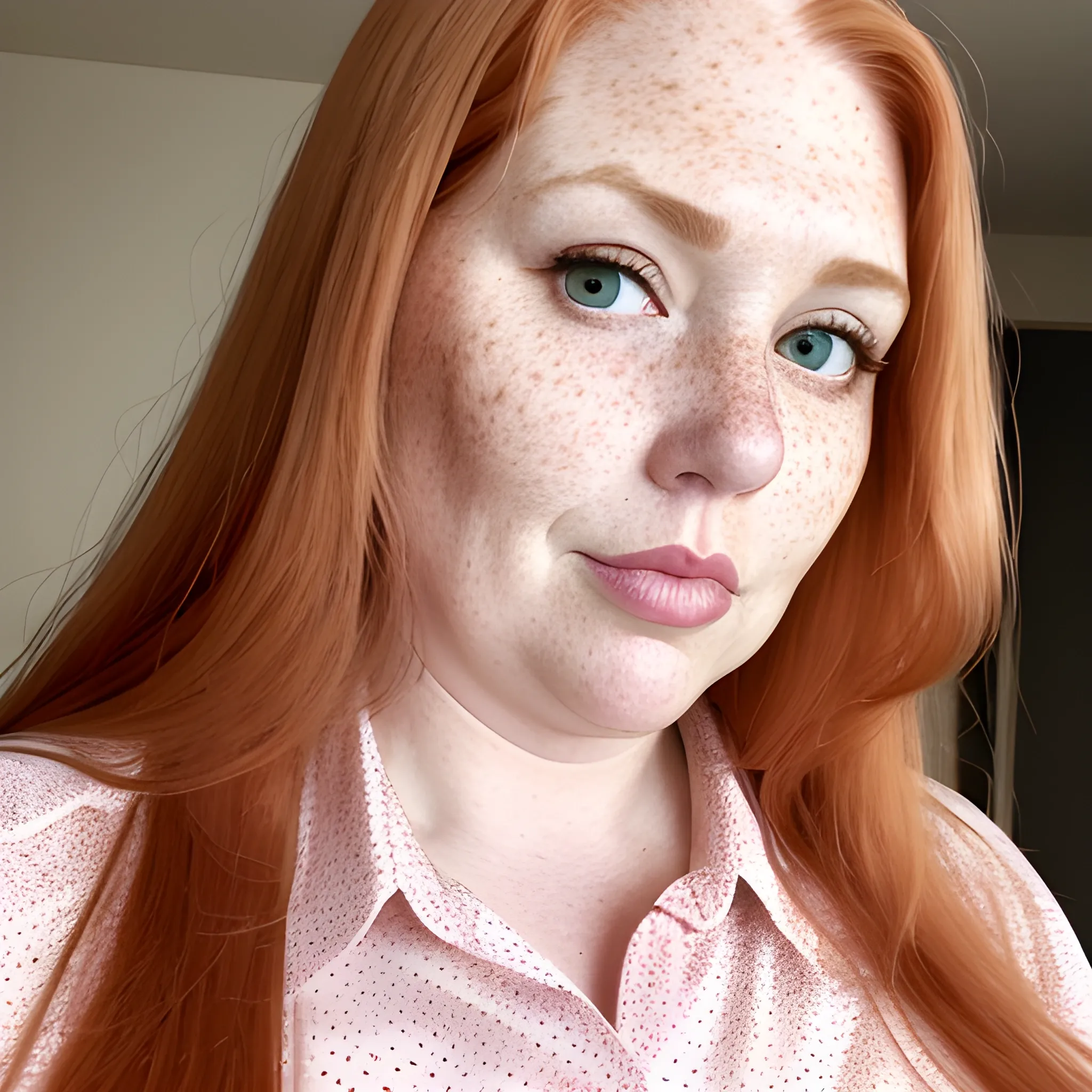 Tall beautiful plus sized, ample, middle-aged  American Woman, long straight ginger hair, full lips, full face, freckles, fitted white and pink patterned shirt, looking down at the camera, up close pov, detailed, warm lighting 