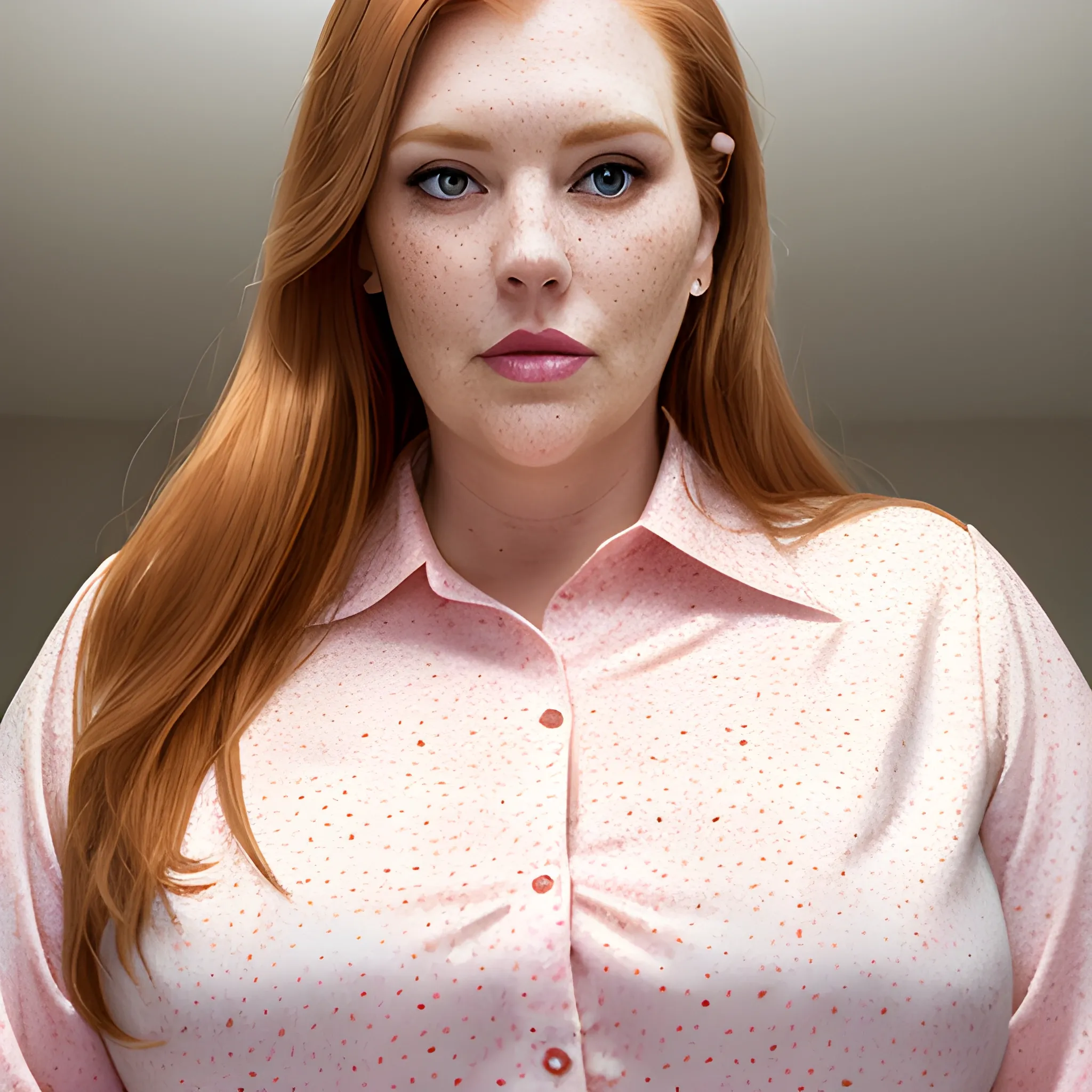 Tall beautiful plus sized, ample, middle-aged  American Woman, long straight ginger hair, full lips, full face, freckles, fitted white and pink patterned shirt, looking down at the camera, up close pov, detailed, warm lighting 