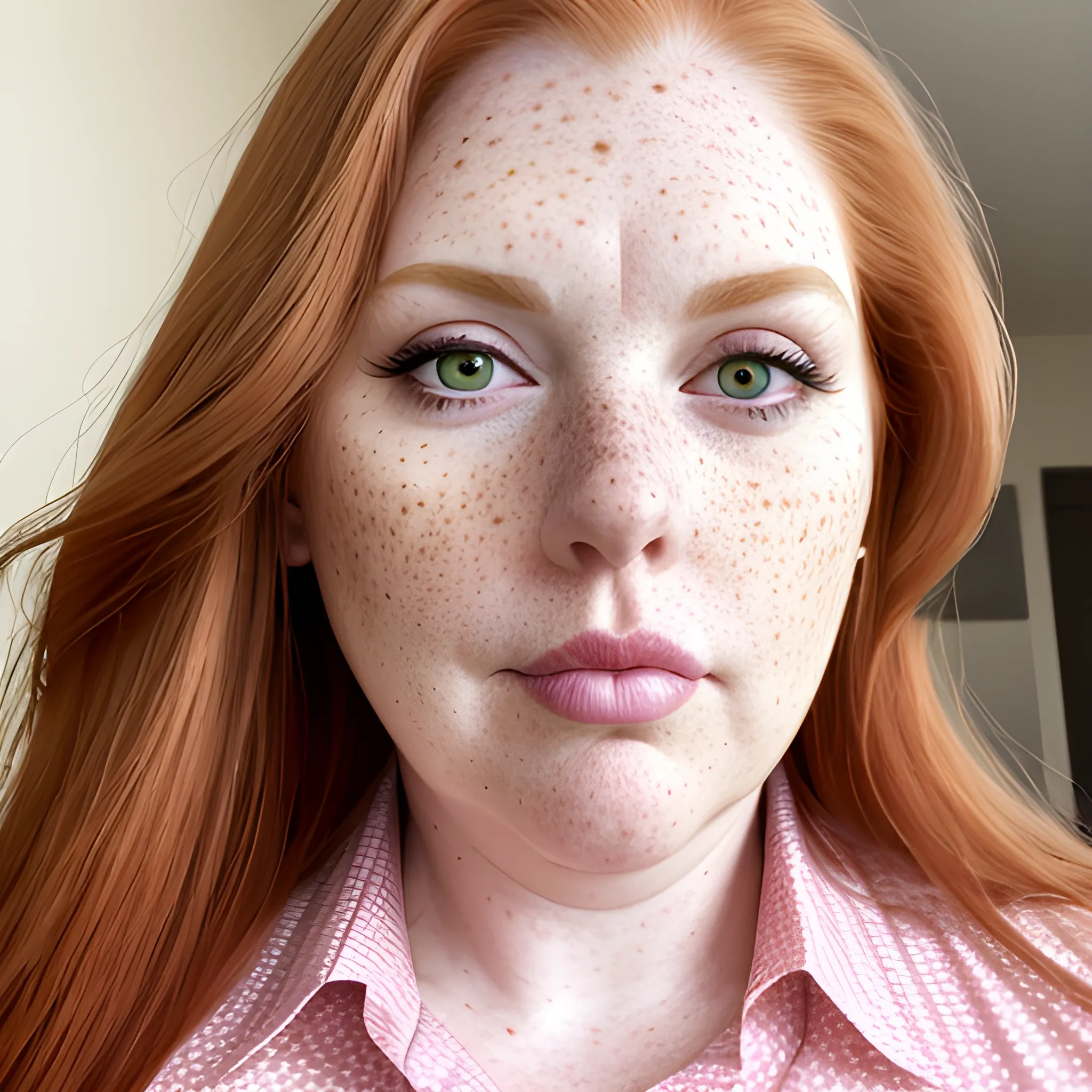 Tall beautiful plus sized, ample, middle-aged  American Woman, long straight ginger hair, full lips, full face, freckles, fitted white and pink patterned shirt, looking down at the camera, up close pov, detailed, warm lighting 