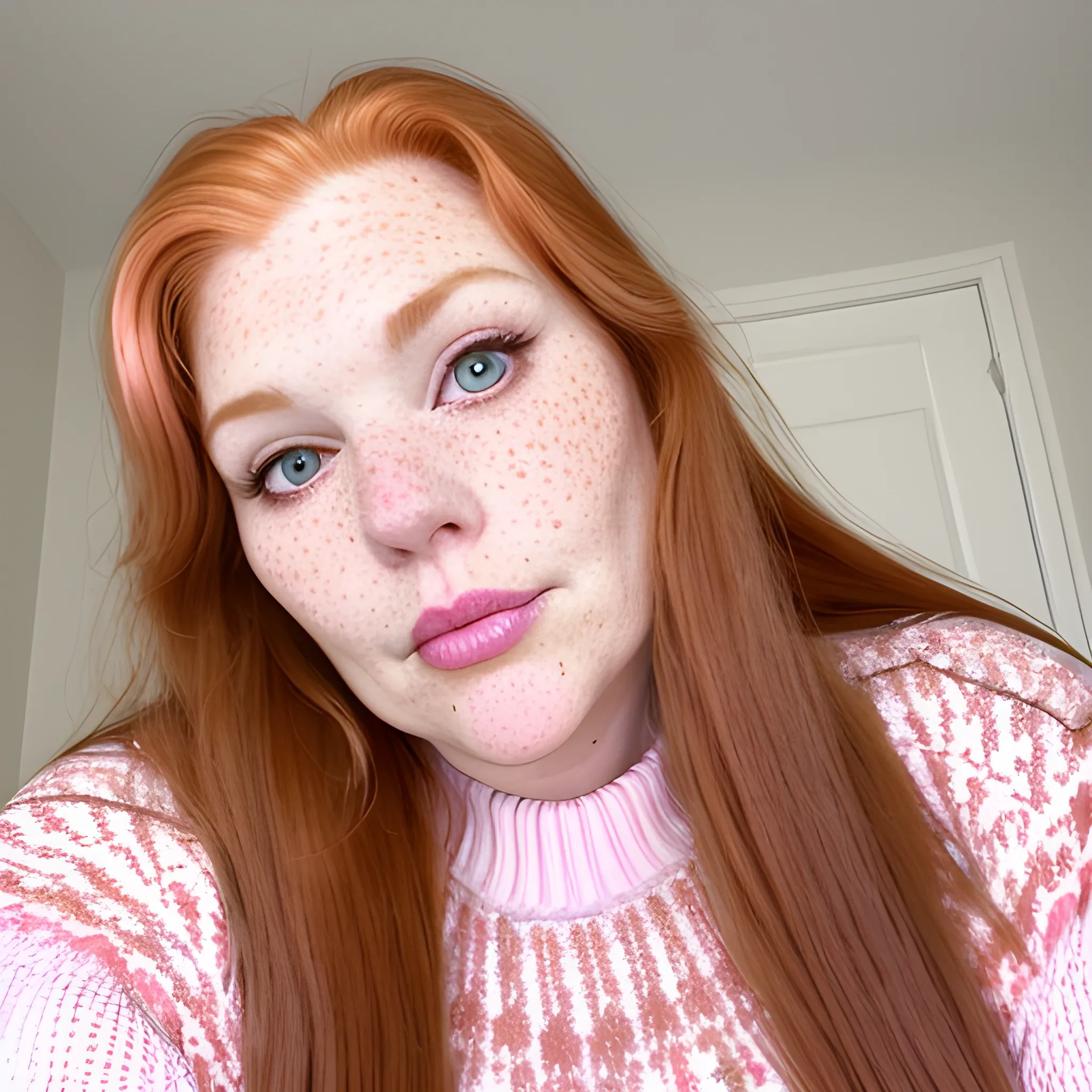 Tall beautiful plus sized, ample, middle-aged  American Woman, long straight ginger hair, full lips, full face, freckles, fitted white and pink patterned sweater, looking down at the camera, up close pov, detailed, warm lighting 