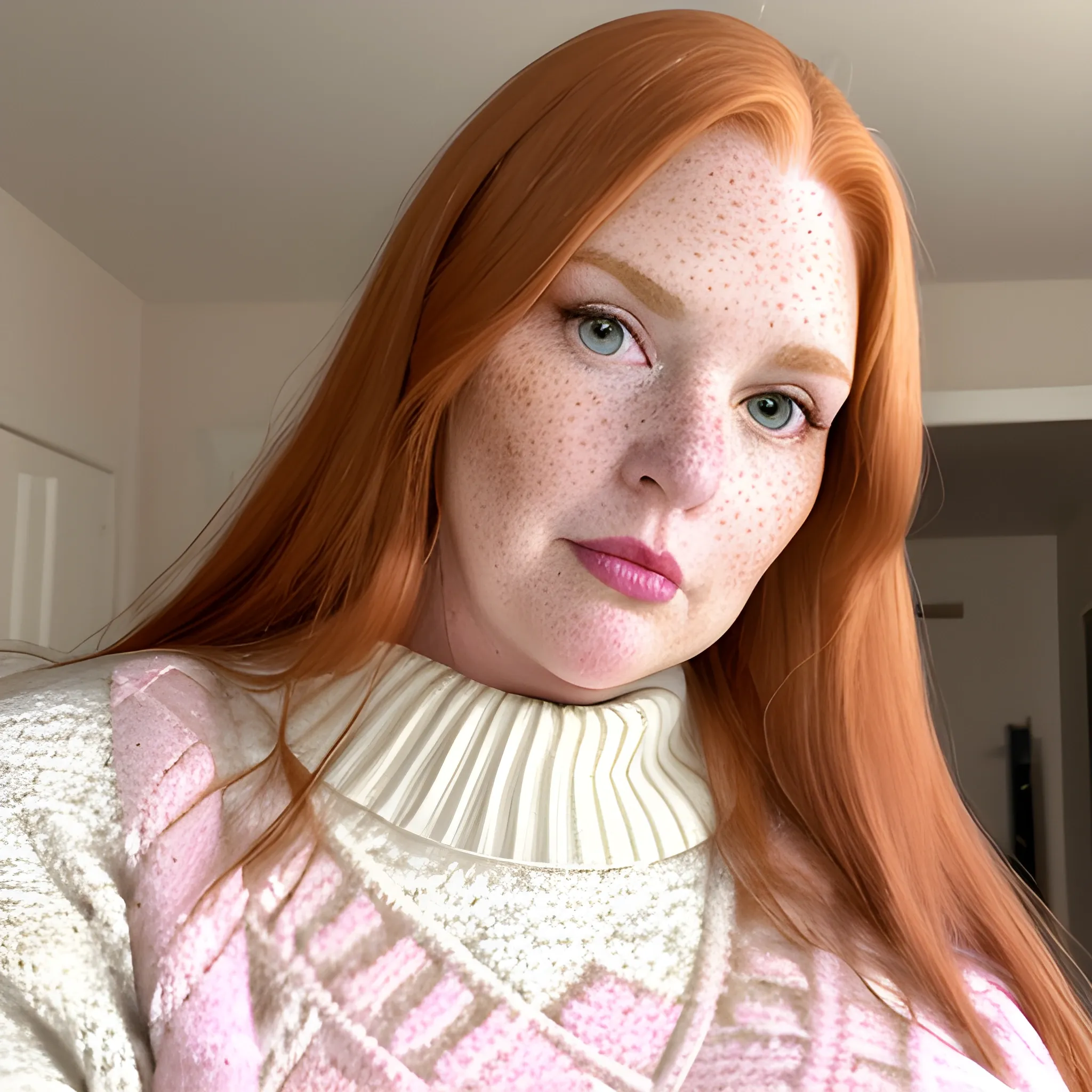 Tall beautiful plus sized, ample, middle-aged  American Woman, long straight ginger hair, full lips, full face, freckles, fitted white and pink patterned sweater, looking down at the camera, up close pov, detailed, warm lighting 