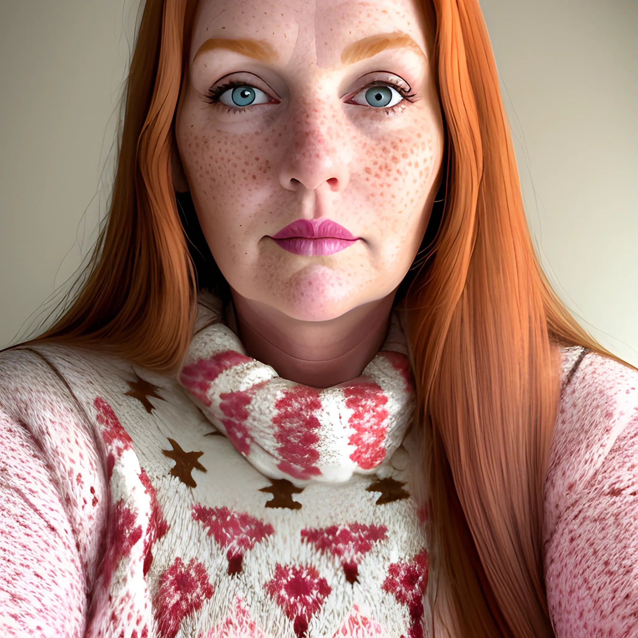 Tall beautiful plus sized, ample, middle-aged  American Woman, long straight ginger hair, full lips, full face, freckles, fitted white and pink patterned sweater, looking down at the camera, up close pov, detailed, warm lighting 