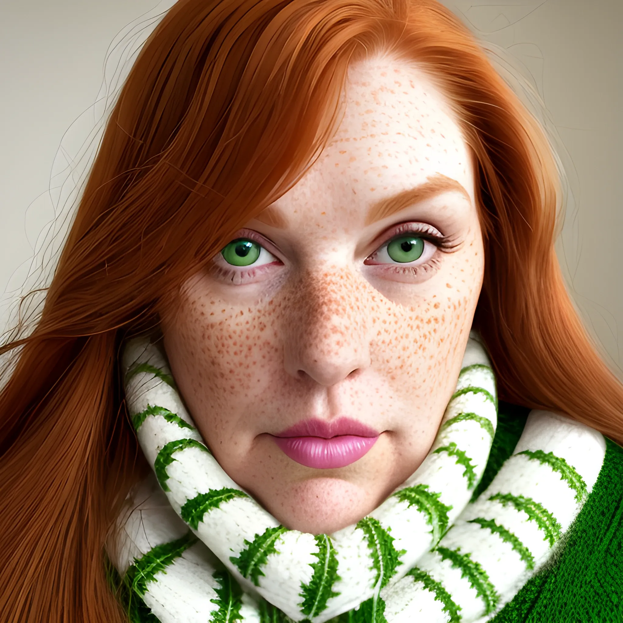 Tall beautiful plus sized, ample, middle-aged  American Woman, long straight ginger hair, full lips, full face, freckles, fitted white and green patterned sweater, looking down at the camera, up close pov, detailed, warm lighting 