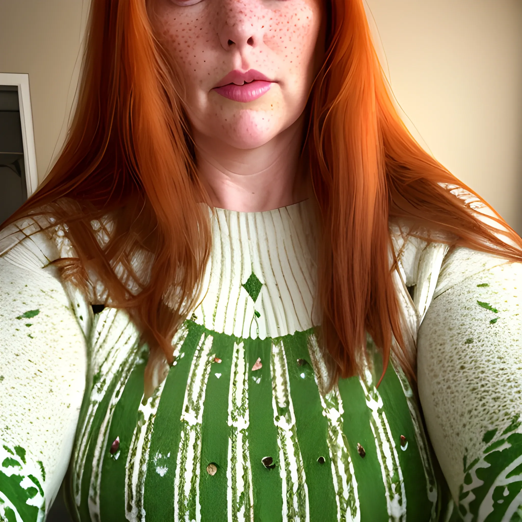 Tall beautiful plus sized, ample, middle-aged  American Woman, long straight ginger hair, full lips, full face, freckles, fitted white and green patterned sweater, looking down at the camera, up close pov, detailed, warm lighting 