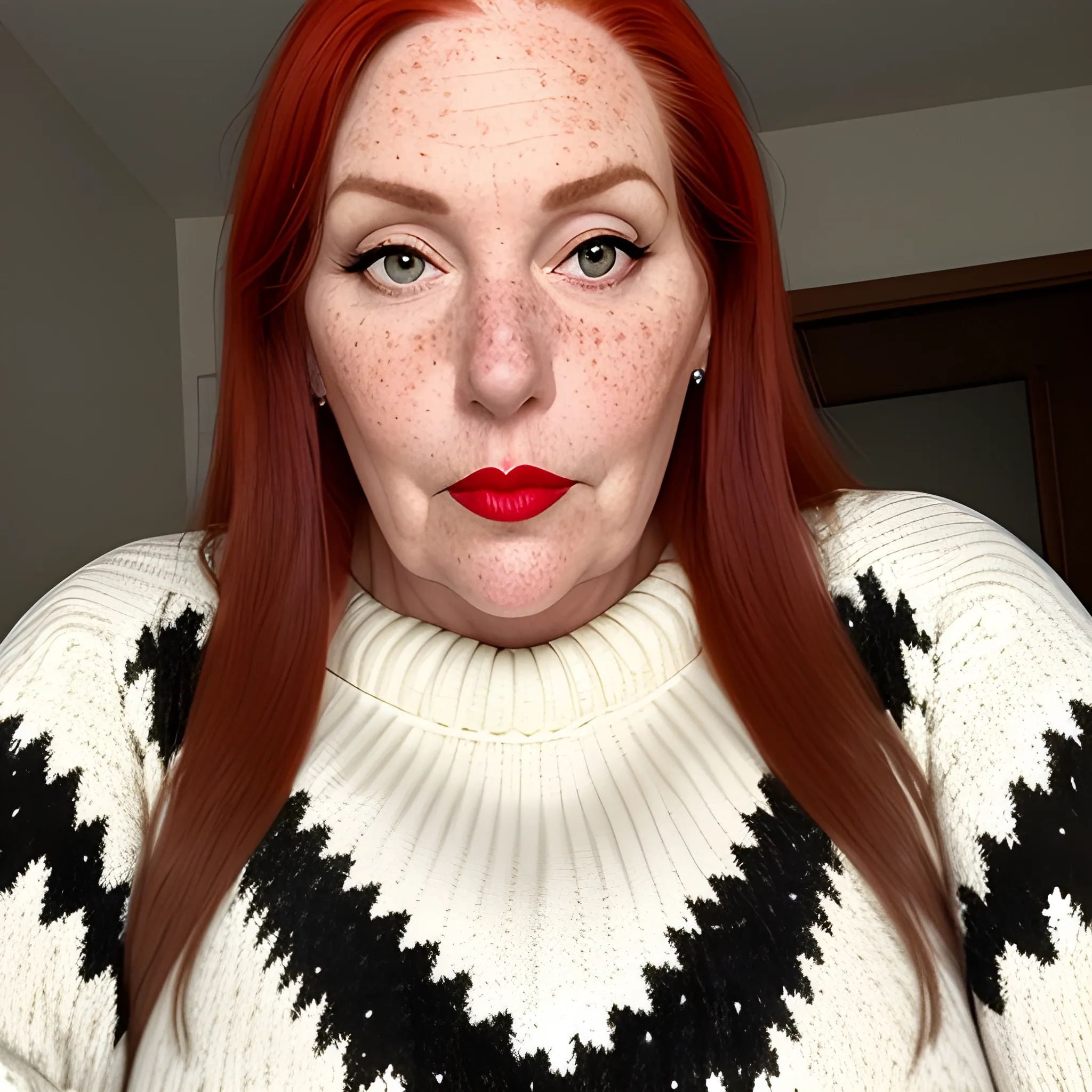 Tall beautiful plus sized, ample, middle-aged  American Woman, long straight red hair, full lips, full face, freckles, fitted white and black patterned sweater, looking down at the camera, up close pov, detailed, warm lighting 