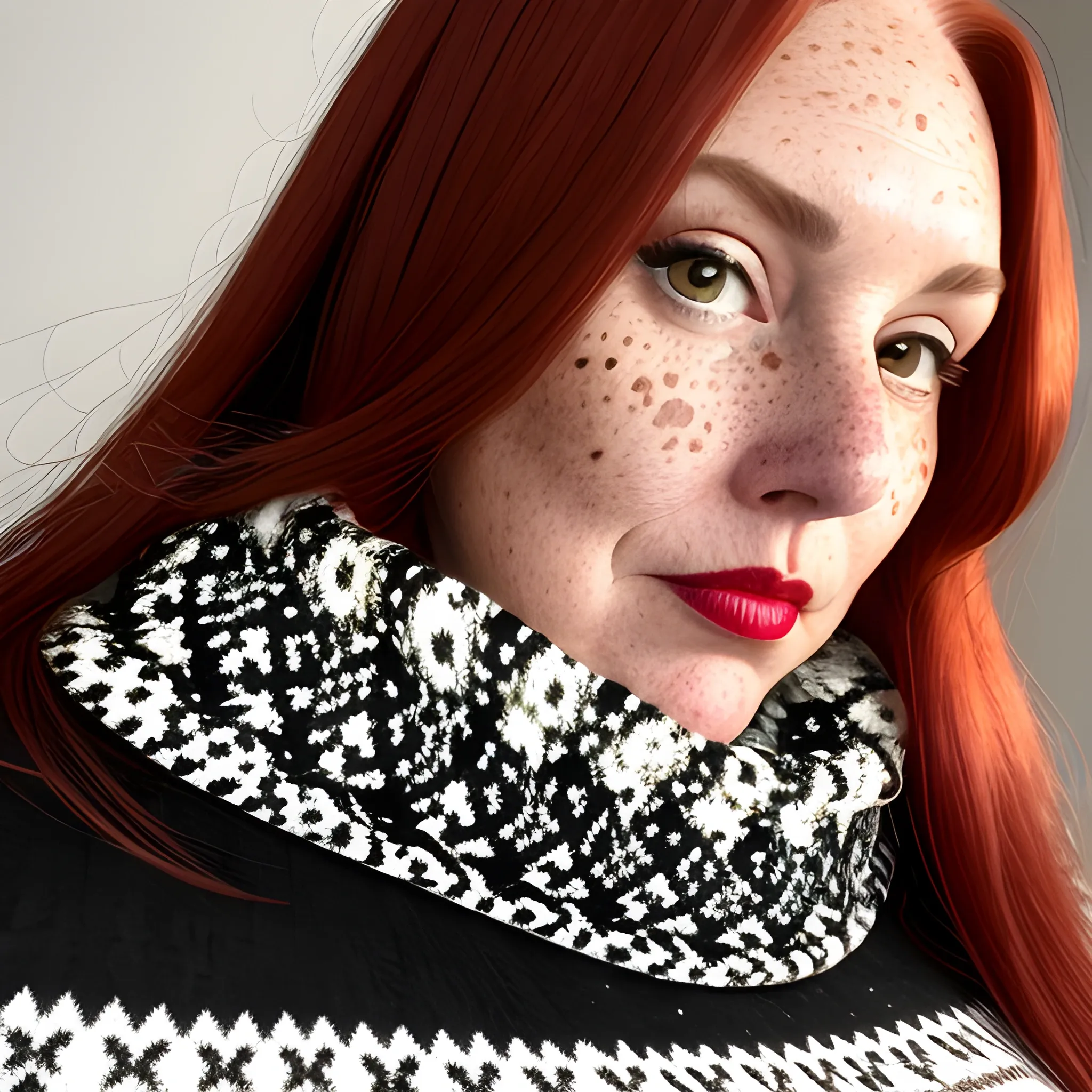 Tall beautiful plus sized, ample, middle-aged  American Woman, long straight red hair, full lips, full face, freckles, fitted white and black patterned sweater, looking down at the camera, up close pov, detailed, warm lighting 