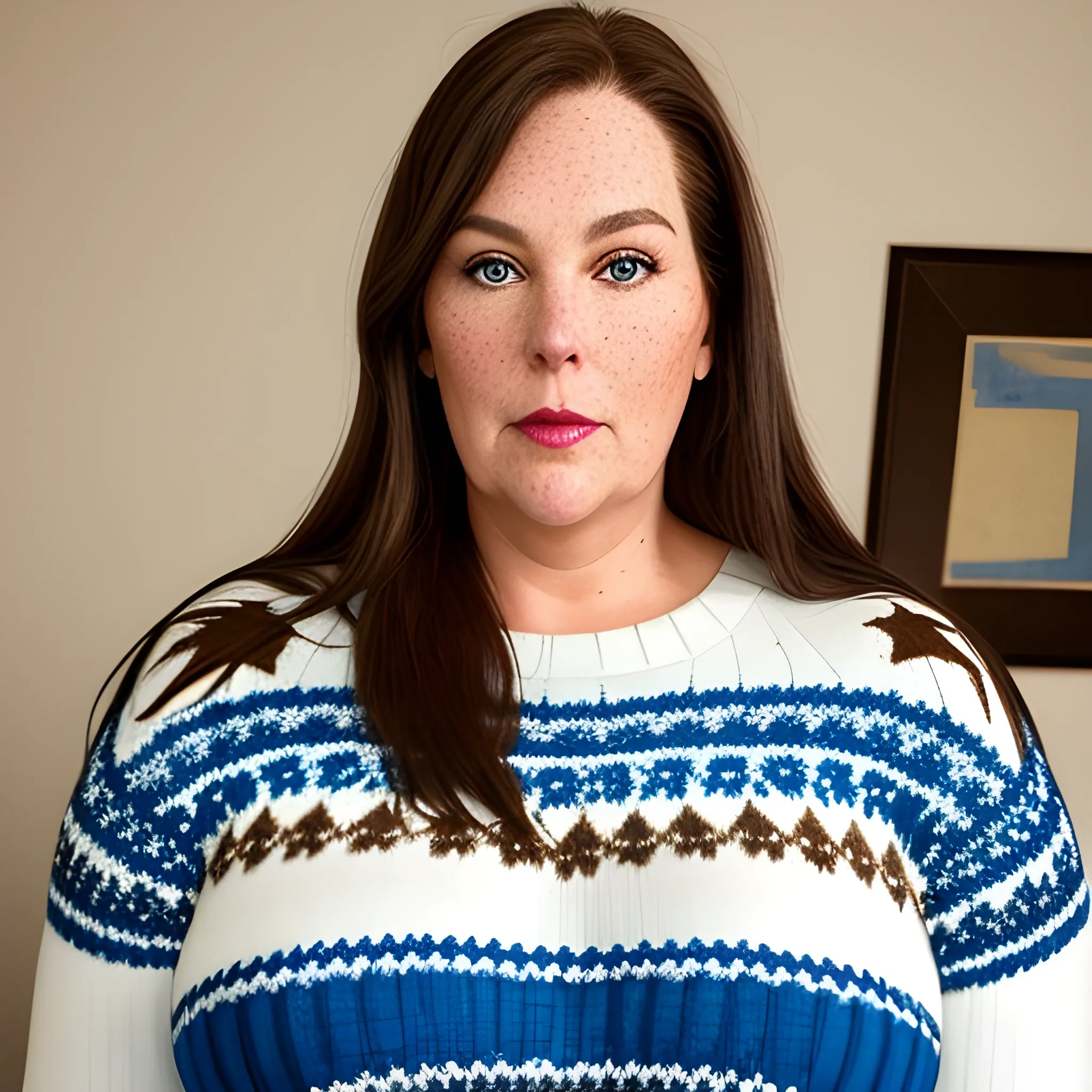 Tall beautiful plus sized, ample, middle-aged  American Woman, long straight brown hair, full lips, full face, freckles, fitted white and blue patterned sweater, looking down at the camera, up close pov, detailed, warm lighting 