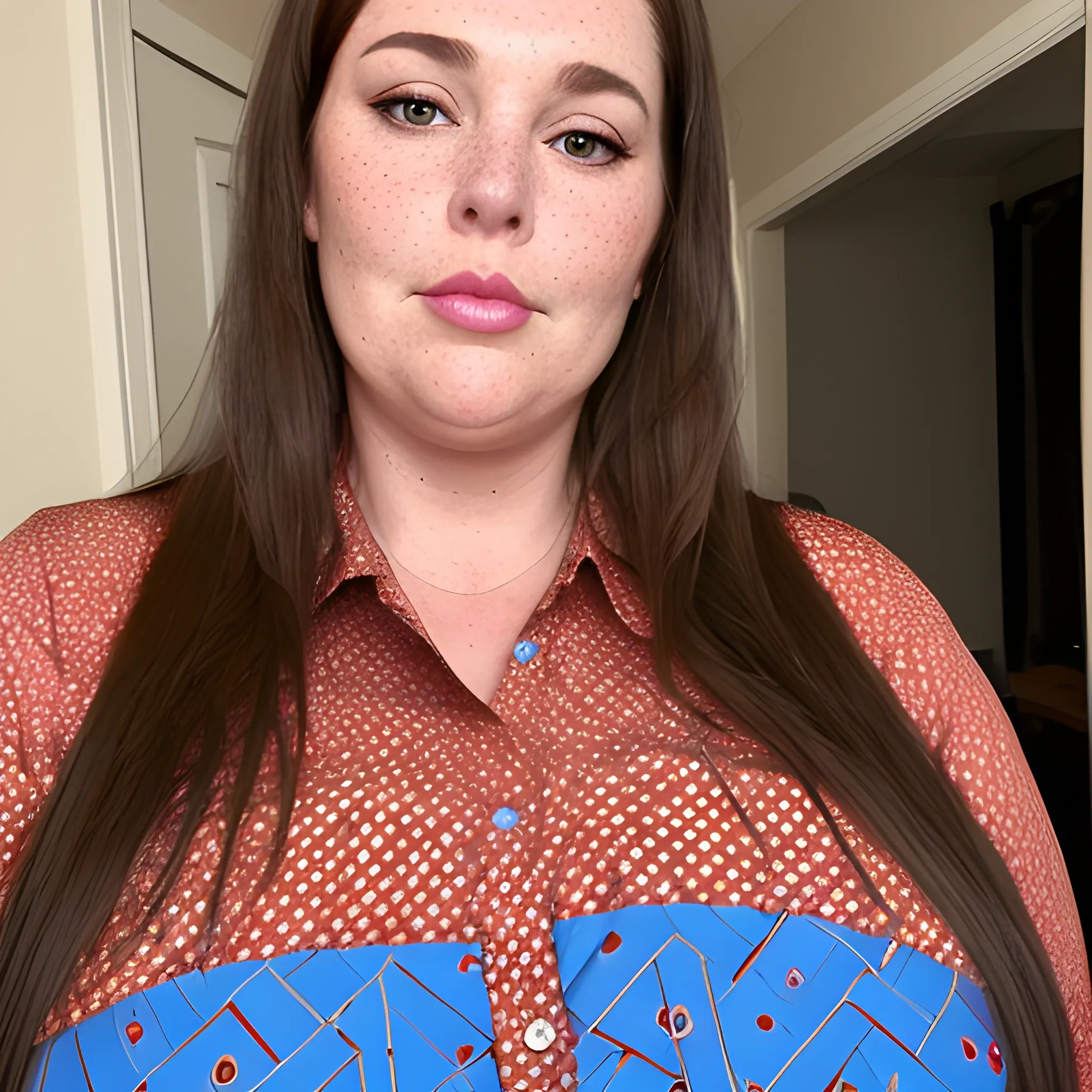 Tall beautiful plus sized, ample, middle-aged  American Woman, long straight brown hair, full lips, full face, freckles, fitted red and blue patterned shirt, looking down at the camera, up close pov, detailed, warm lighting 