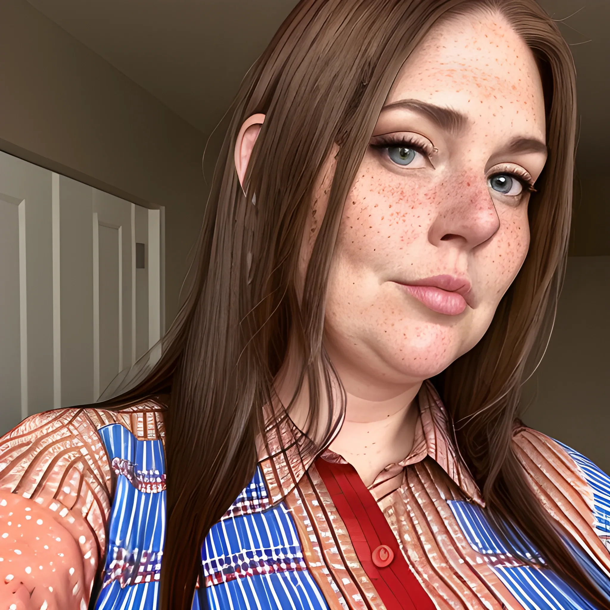 Tall beautiful plus sized, ample, middle-aged  American Woman, long straight brown hair, full lips, full face, freckles, fitted red and blue patterned shirt, looking down at the camera, up close pov, detailed, warm lighting 