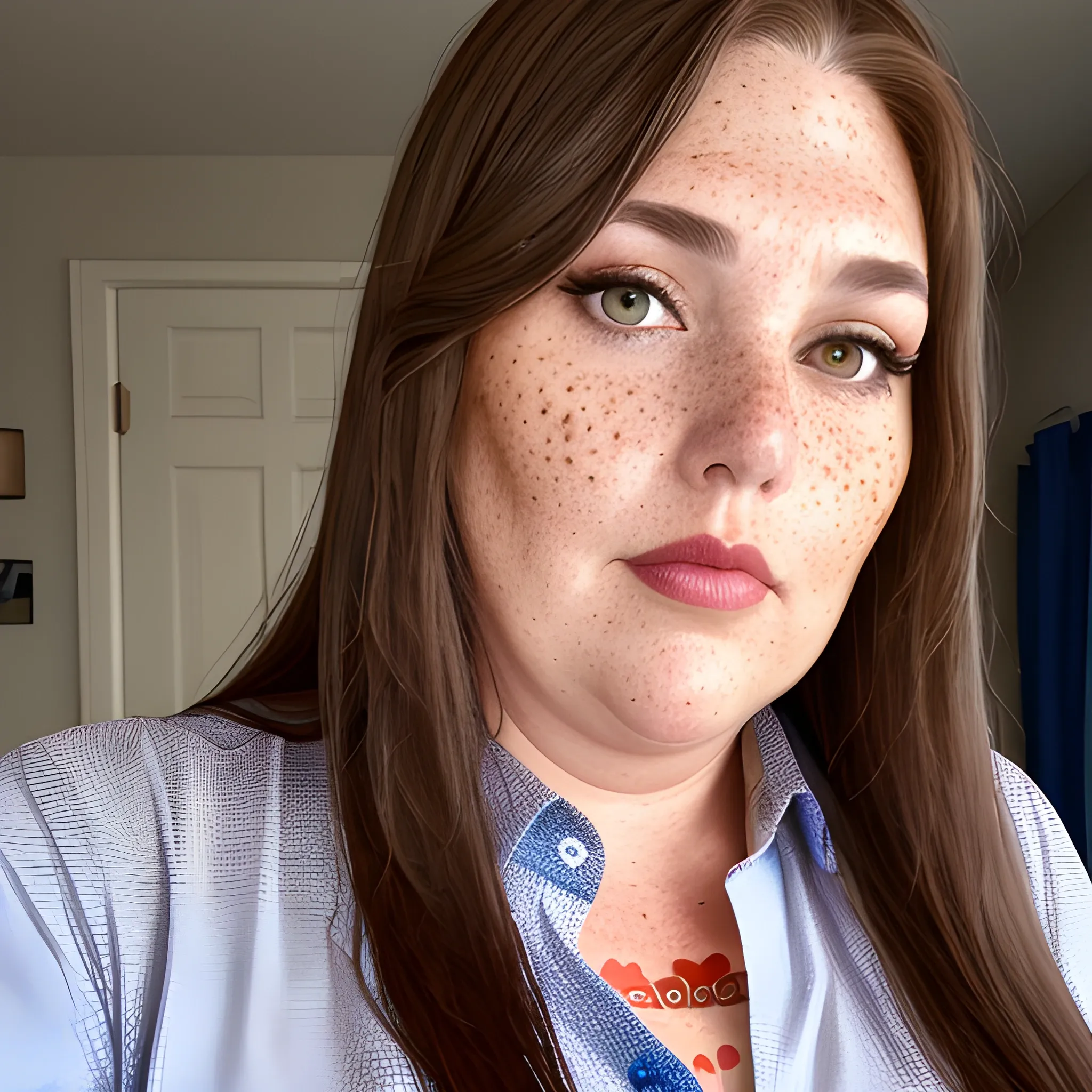 Tall beautiful plus sized, ample, middle-aged  American Woman, long straight brown hair, full lips, full face, freckles, fitted red and blue patterned shirt, looking down at the camera, up close pov, detailed, warm lighting 