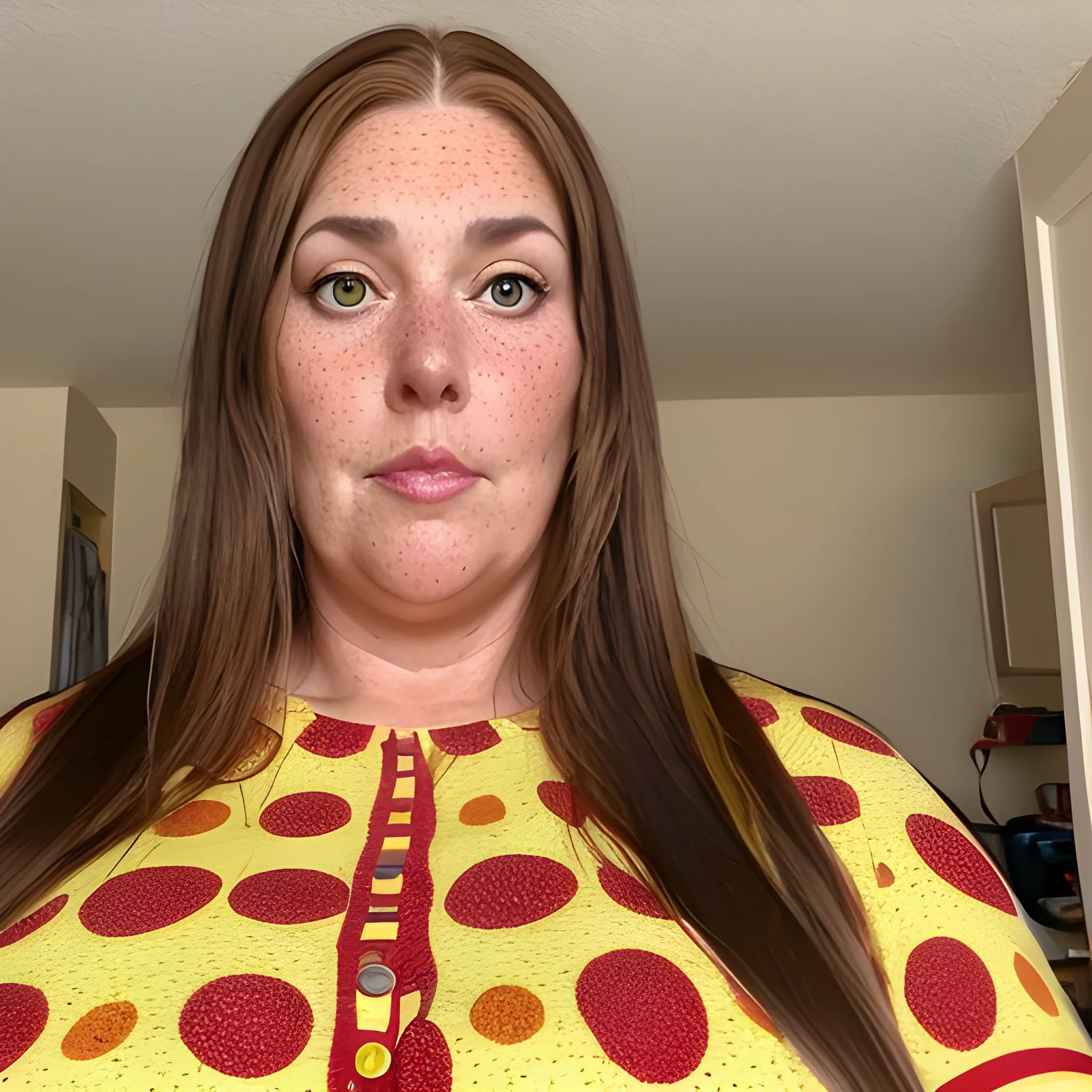Tall beautiful plus sized, ample, middle-aged  American Woman, long straight brown hair, full lips, full face, freckles, fitted red and yellow patterned shirt, looking down at the camera, up close pov, detailed, warm lighting 