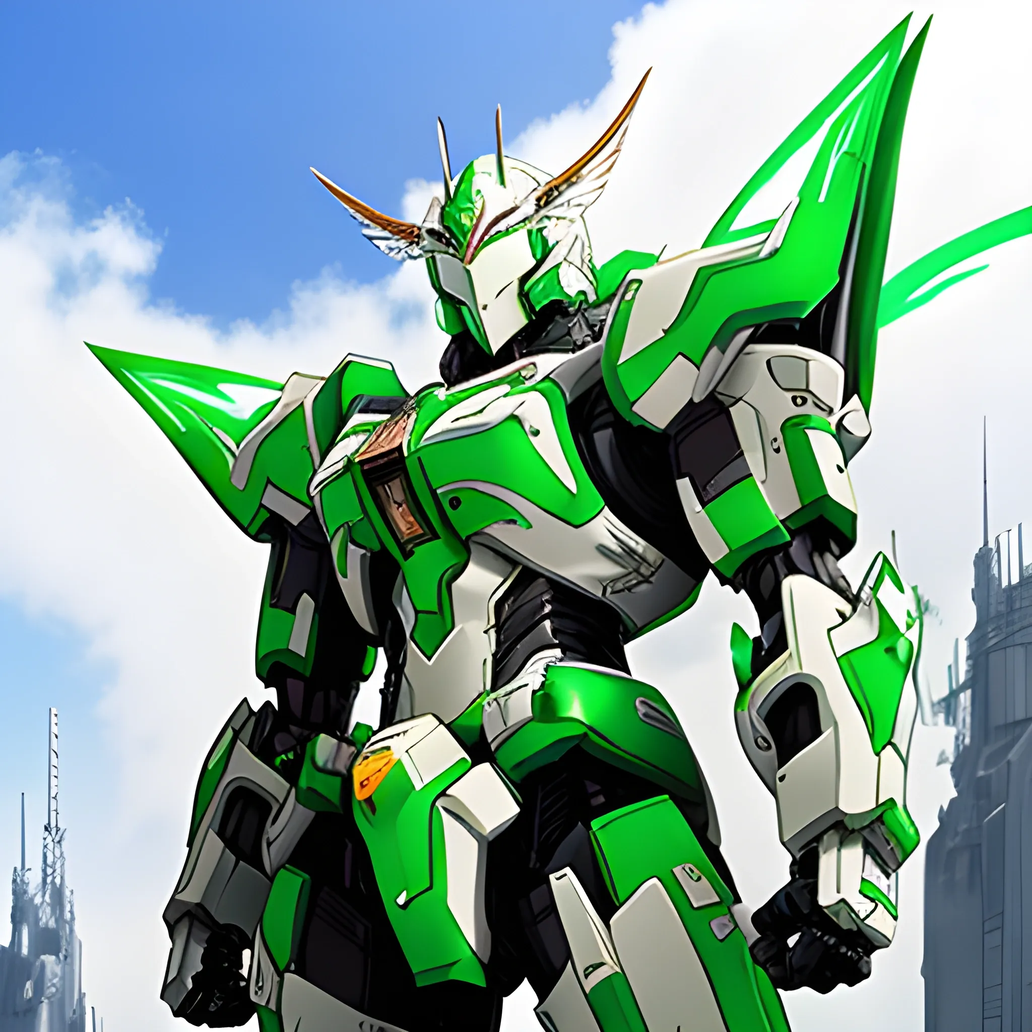 Teenager, male,  hero, armor, white, green, mecha, fantasy Anime