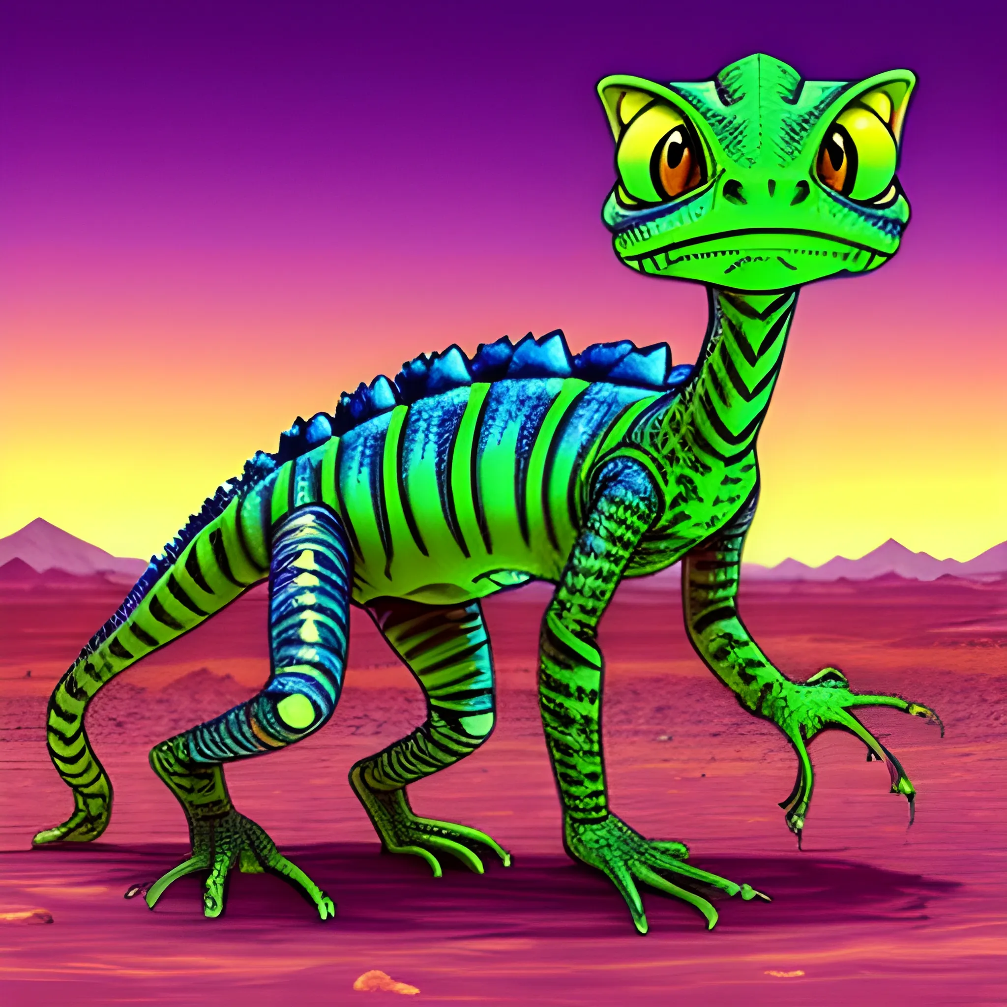 An alien lizardcat on a desert planet where they have evolved to stand upright and live in large underground structures that connect as an alien lizardcat city. , Trippy, Cartoon, Cartoon